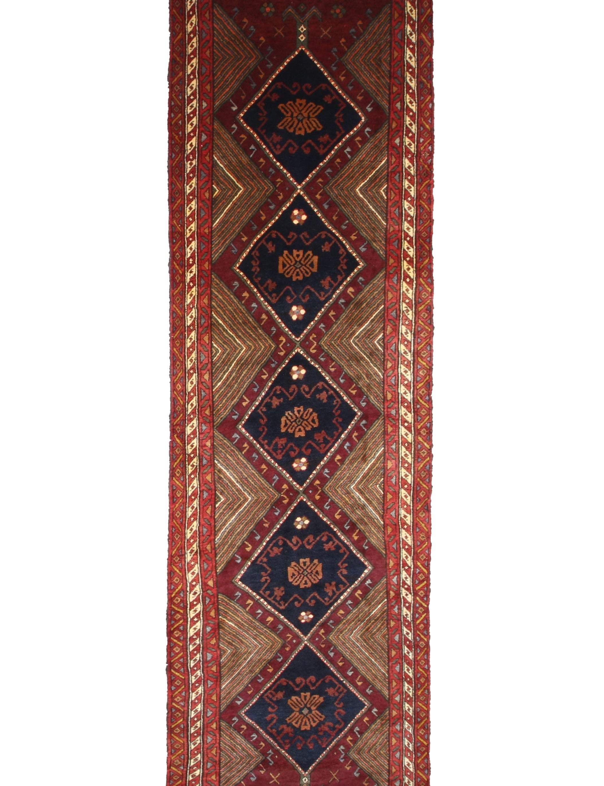 Vintage Qareh Chaman Runner, top view on white background, hand-knotted wool pile. SKU MR-6.