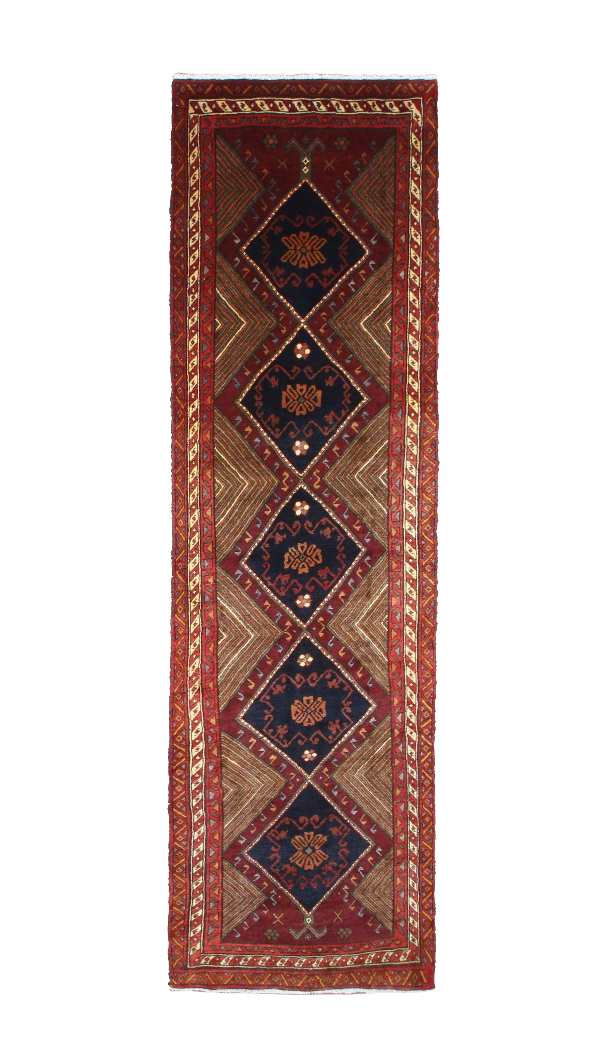 Vintage Qareh Chaman Runner, top view on white background, hand-knotted wool pile. SKU MR-6.