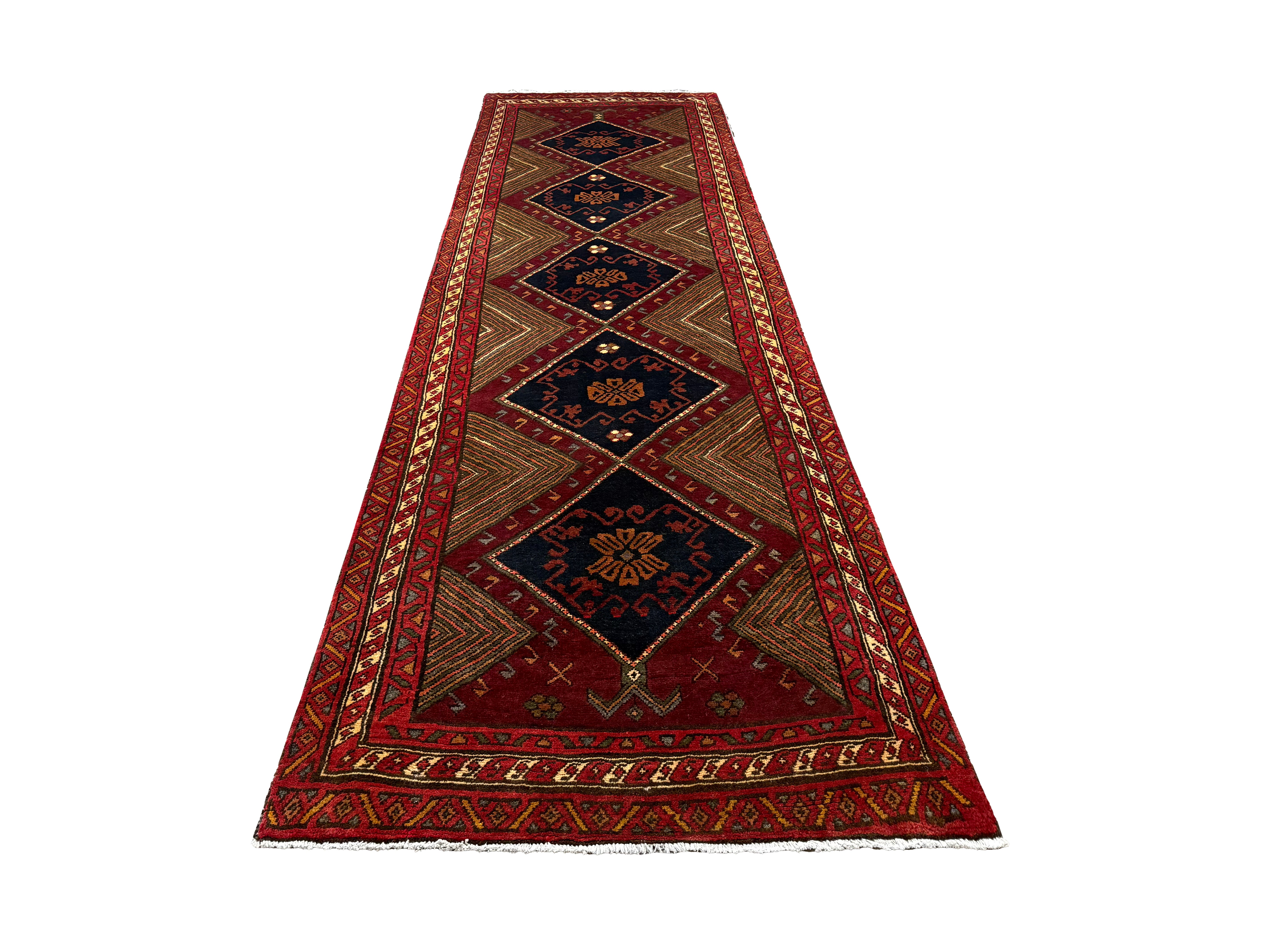 Vintage Qareh Chaman Runner, full rug in perspective showing the patterned field and borders, hand-knotted wool pile. SKU MR-6.