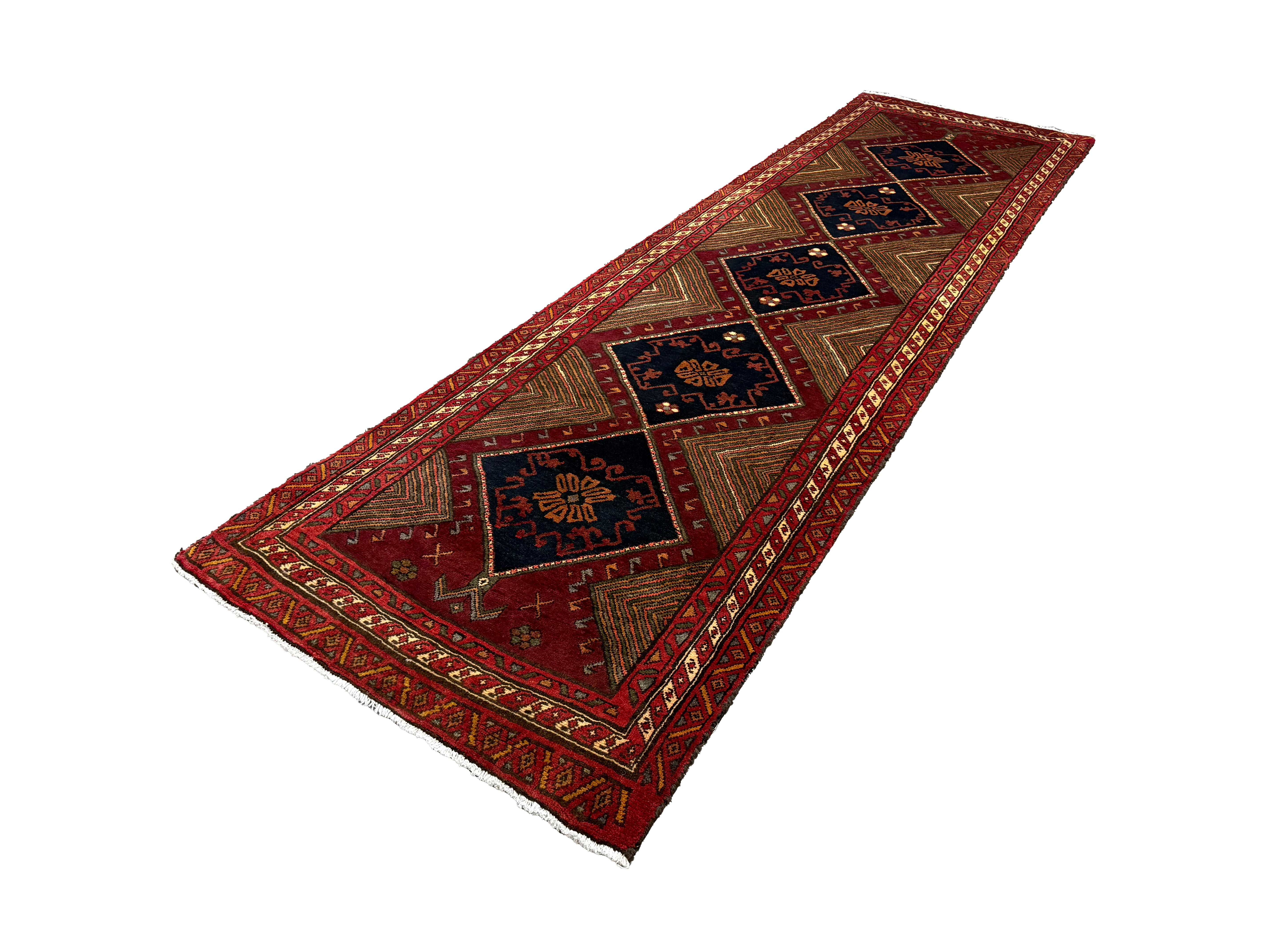 Vintage Qareh Chaman Runner, diagonal perspective view of the complete rug, hand-knotted wool pile. SKU MR-6.