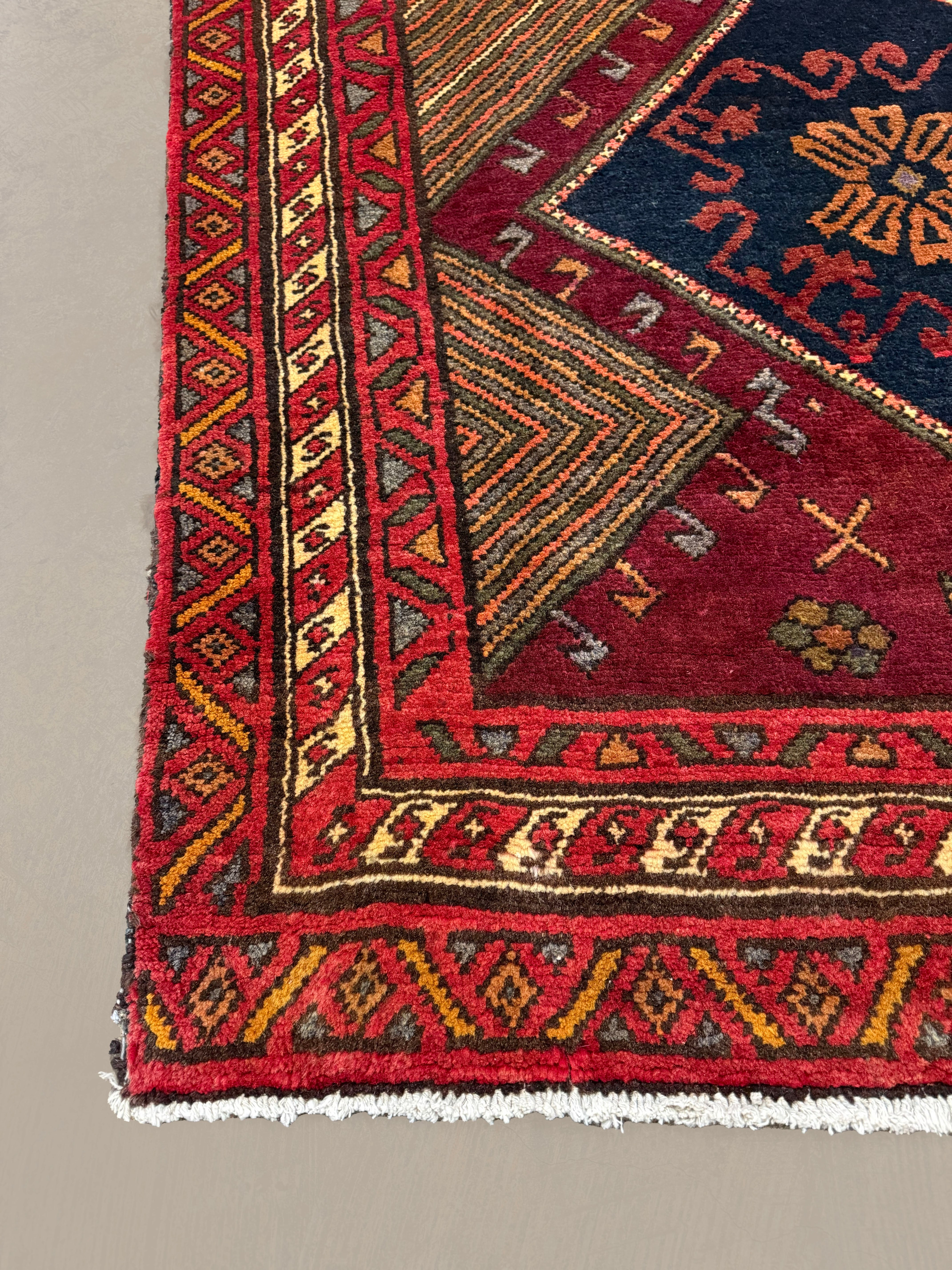 Vintage Qareh Chaman Runner, corner, border and fringe detail, hand-knotted wool pile. SKU MR-6.