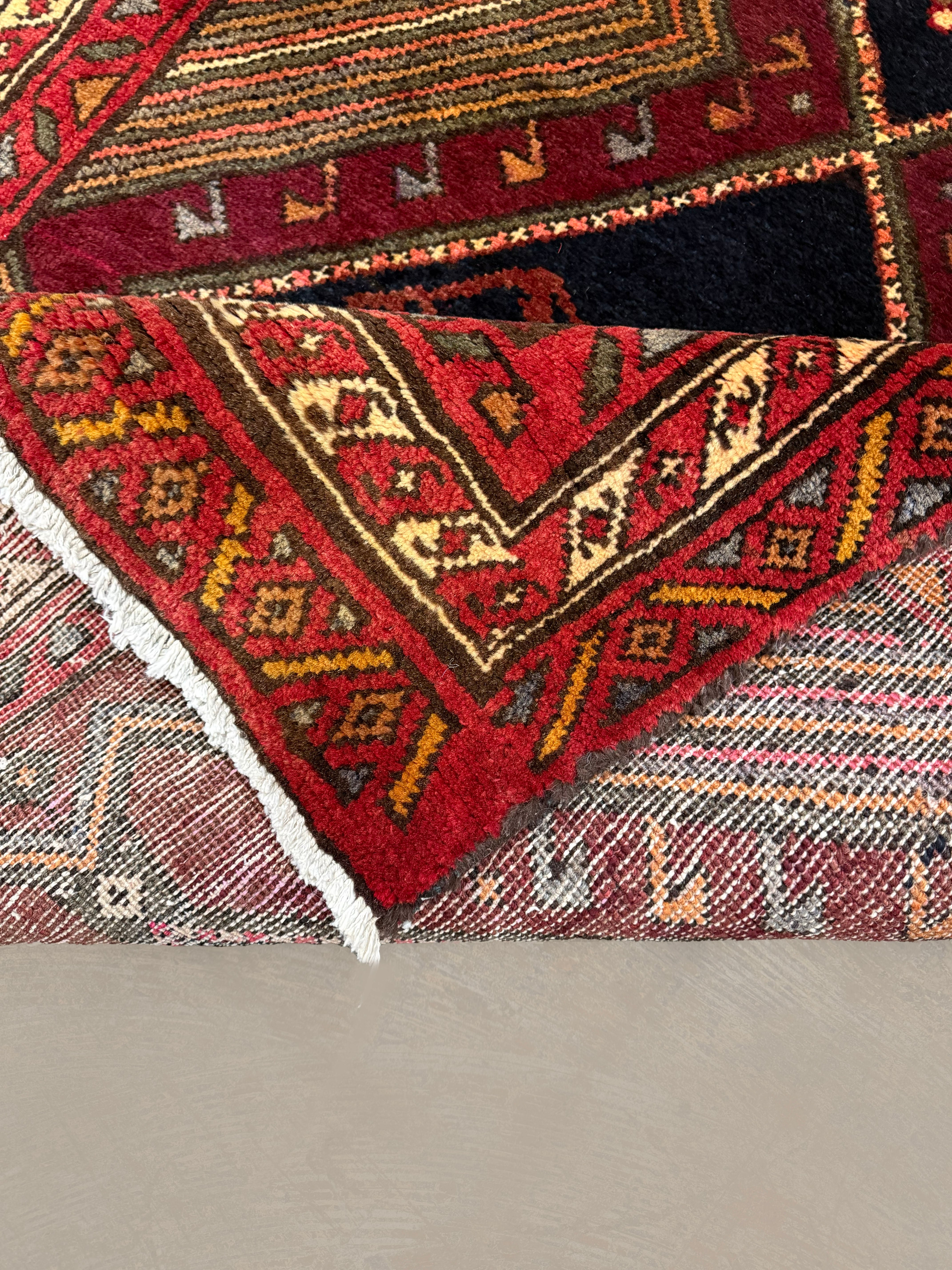 Vintage Qareh Chaman Runner, close-up of the patterned corner and edge, hand-knotted wool pile. SKU MR-6.