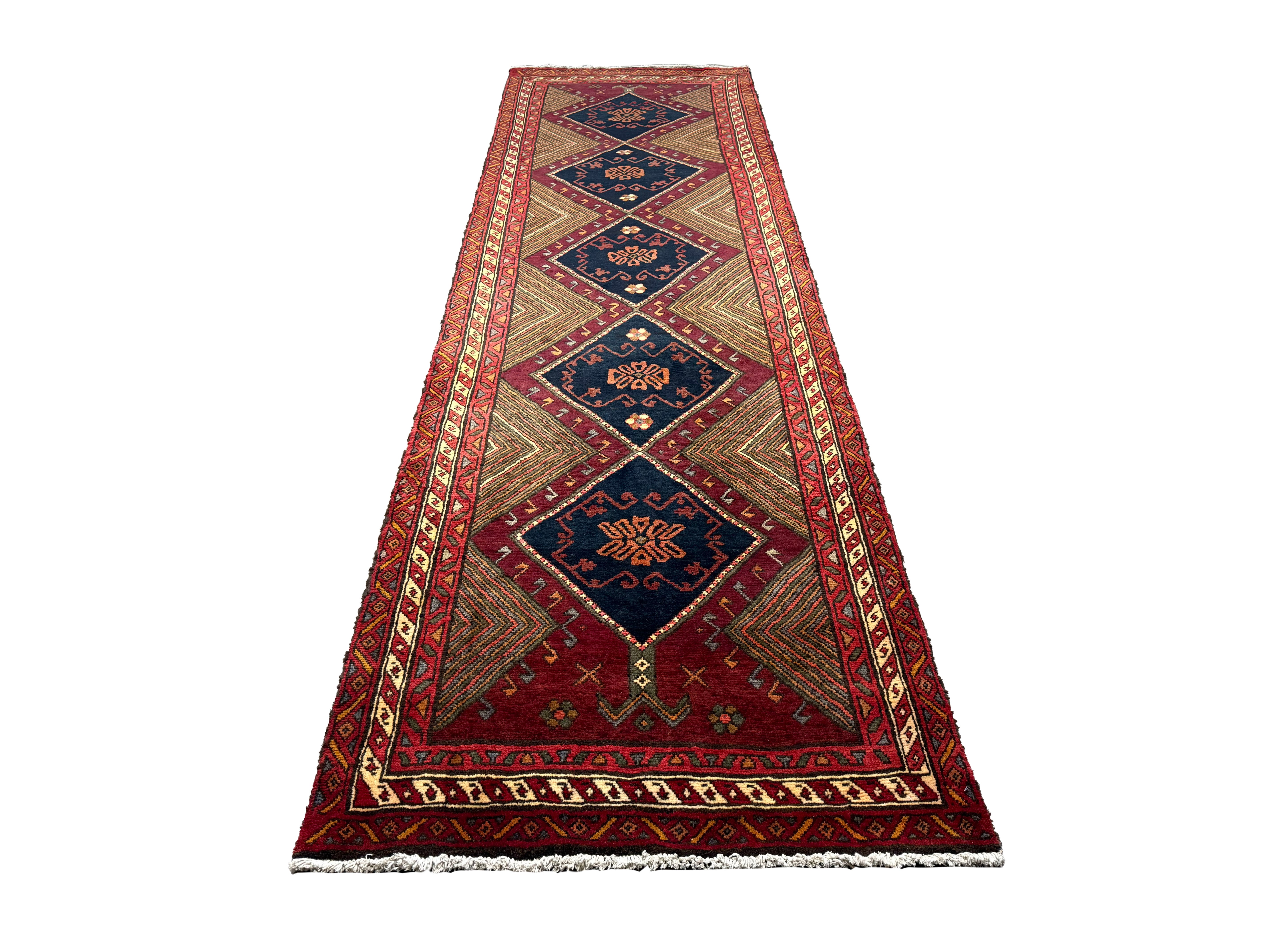 Vintage Qareh Chaman Runner, front perspective view of the complete rug, hand-knotted wool pile. SKU MR-6.