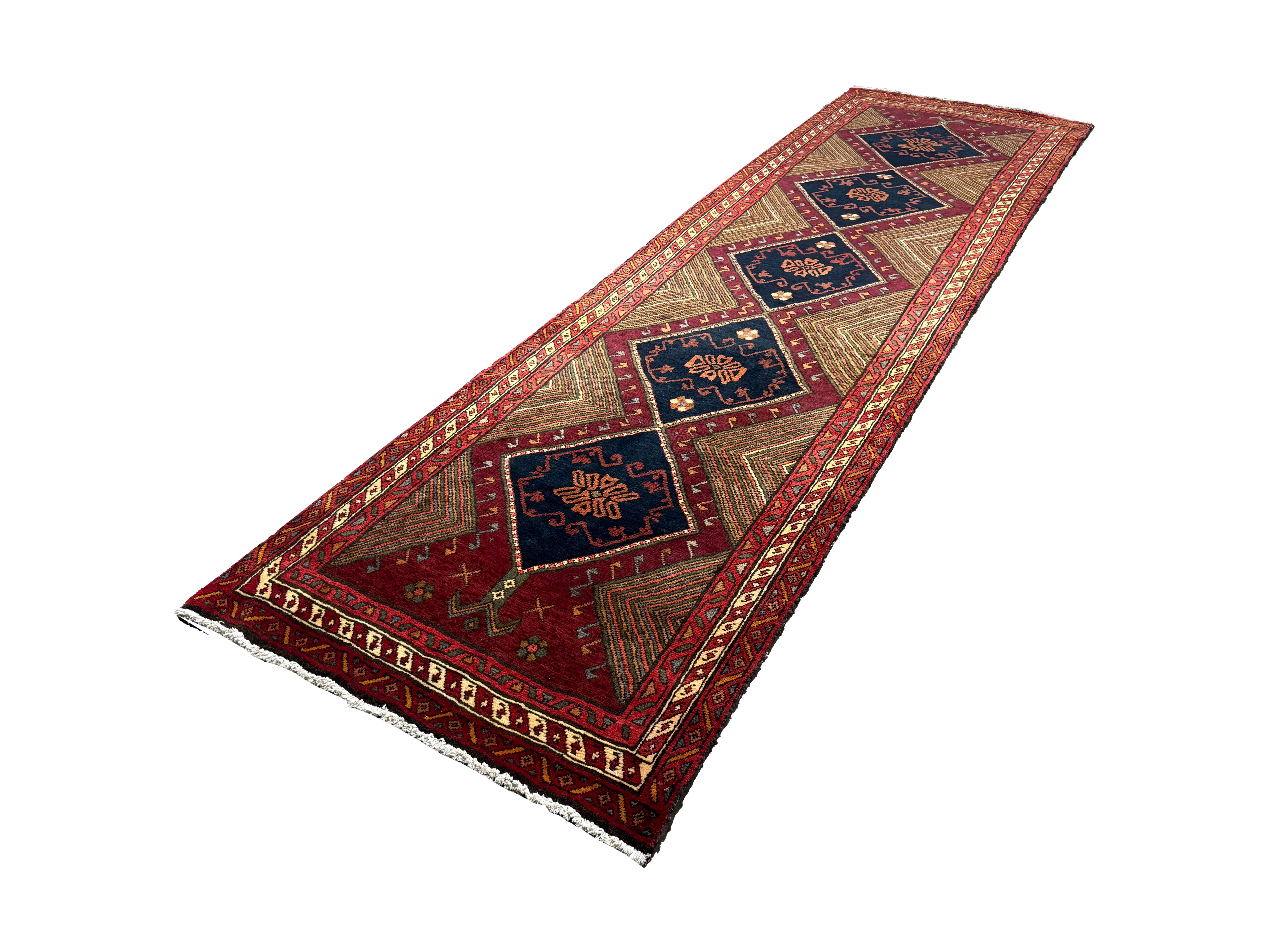 Vintage Qareh Chaman Runner, angled view showing the full field and borders, hand-knotted wool pile. SKU MR-6.