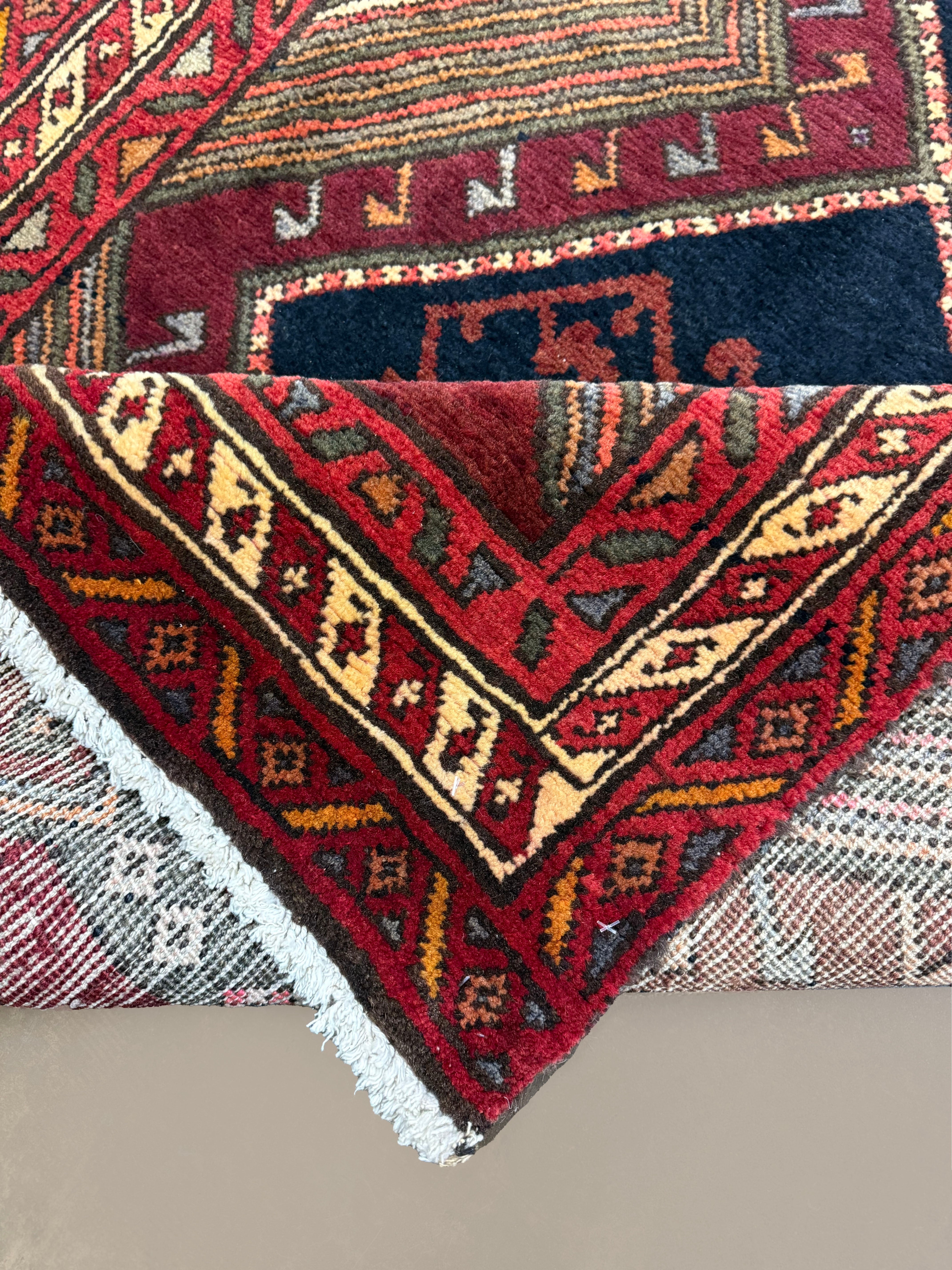 Vintage Qareh Chaman Runner, corner, border and fringe detail, hand-knotted wool pile. SKU MR-6.