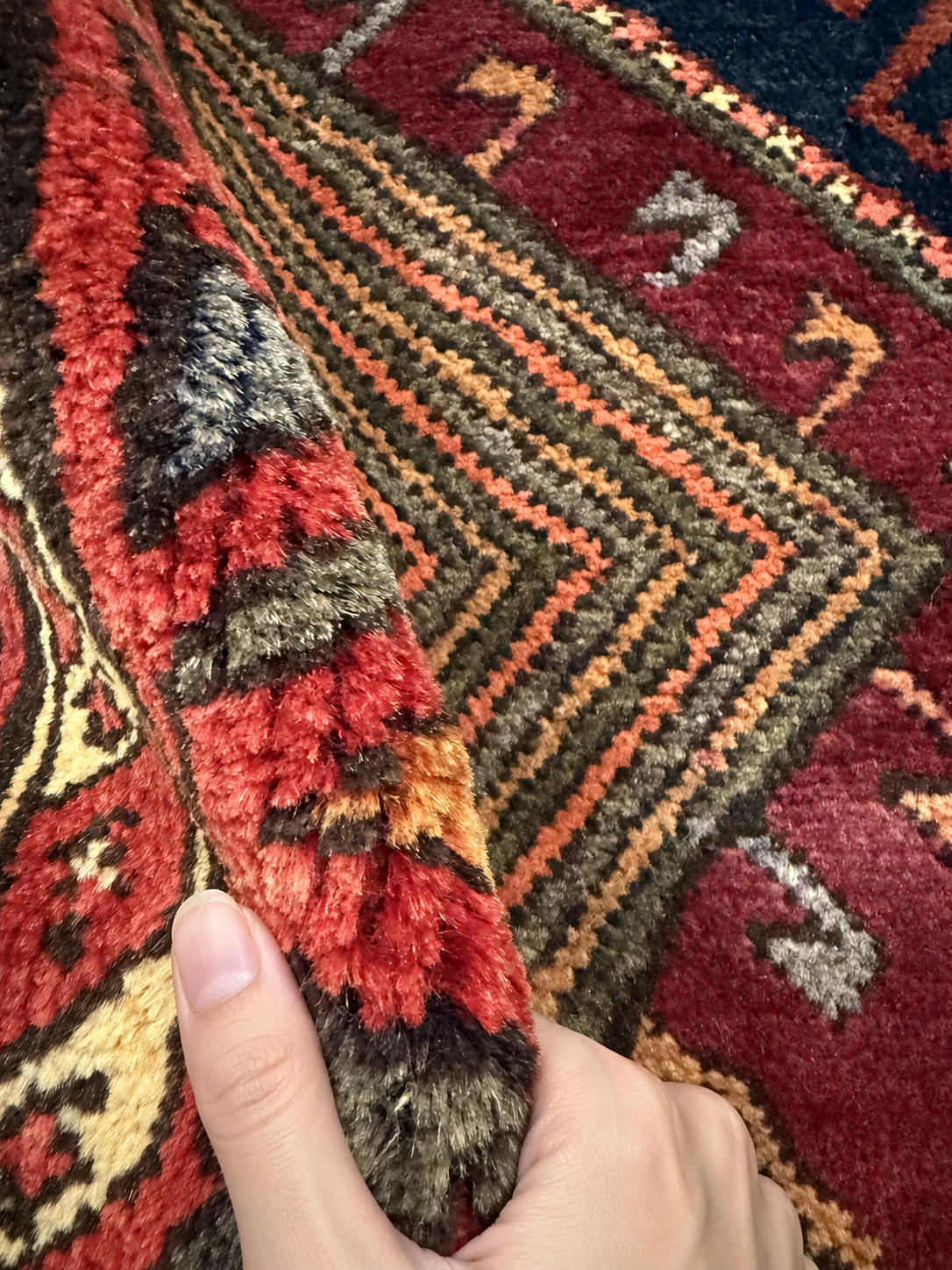 Vintage Qareh Chaman Runner — Angular Medallions on Red. Rug pile and texture detail; SKU MR-6; source IMG_6835.