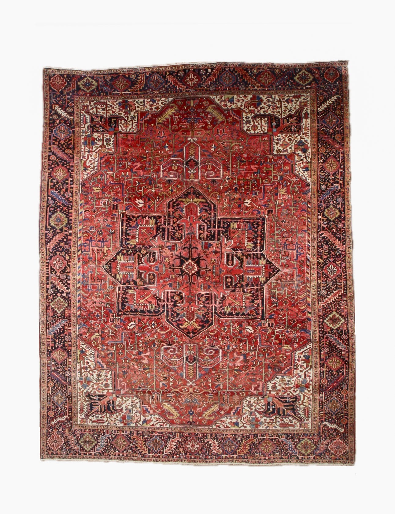 Heriz hand-knotted wool rug, full top view.