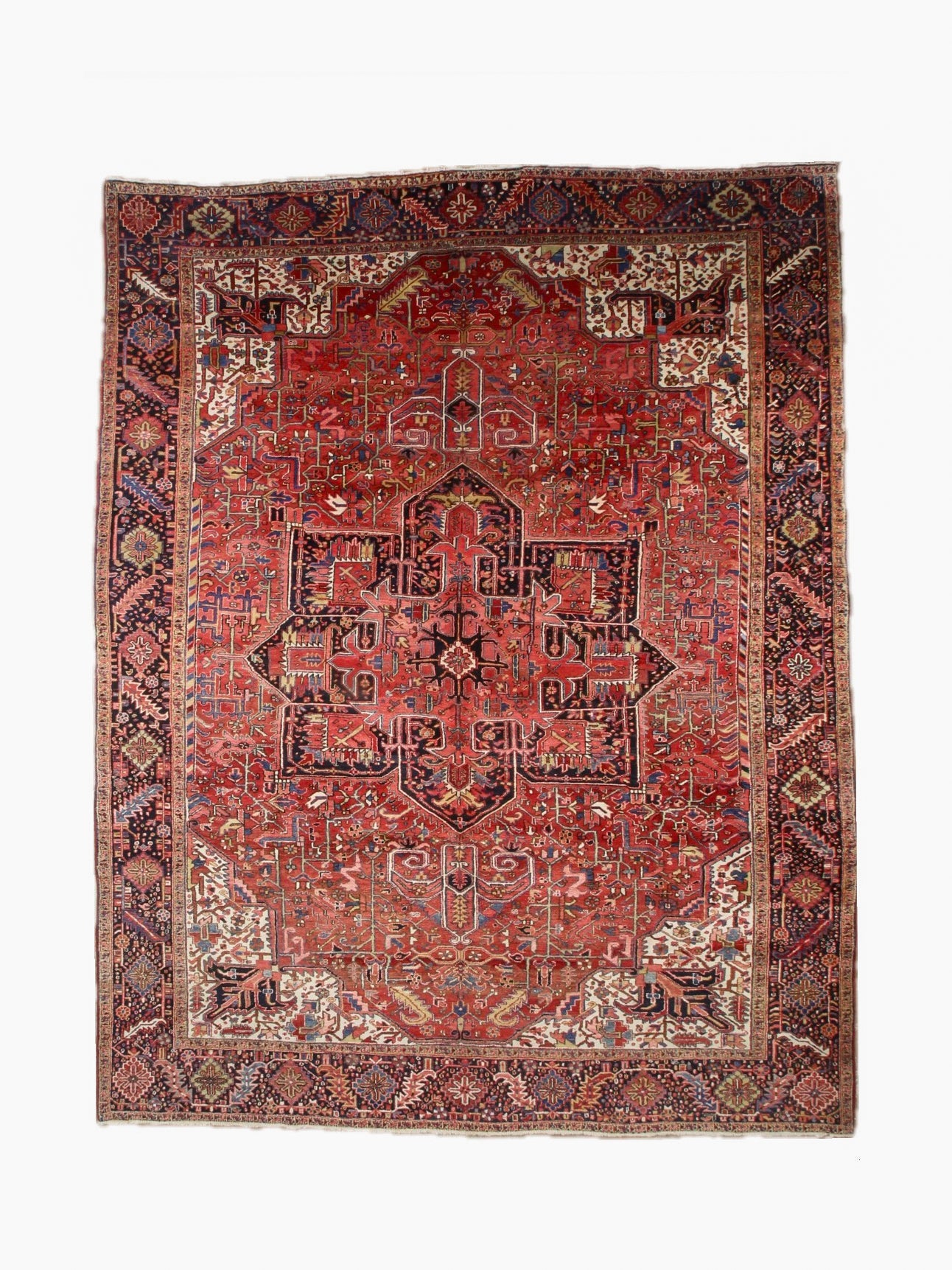 Heriz hand-knotted wool rug, full top view.