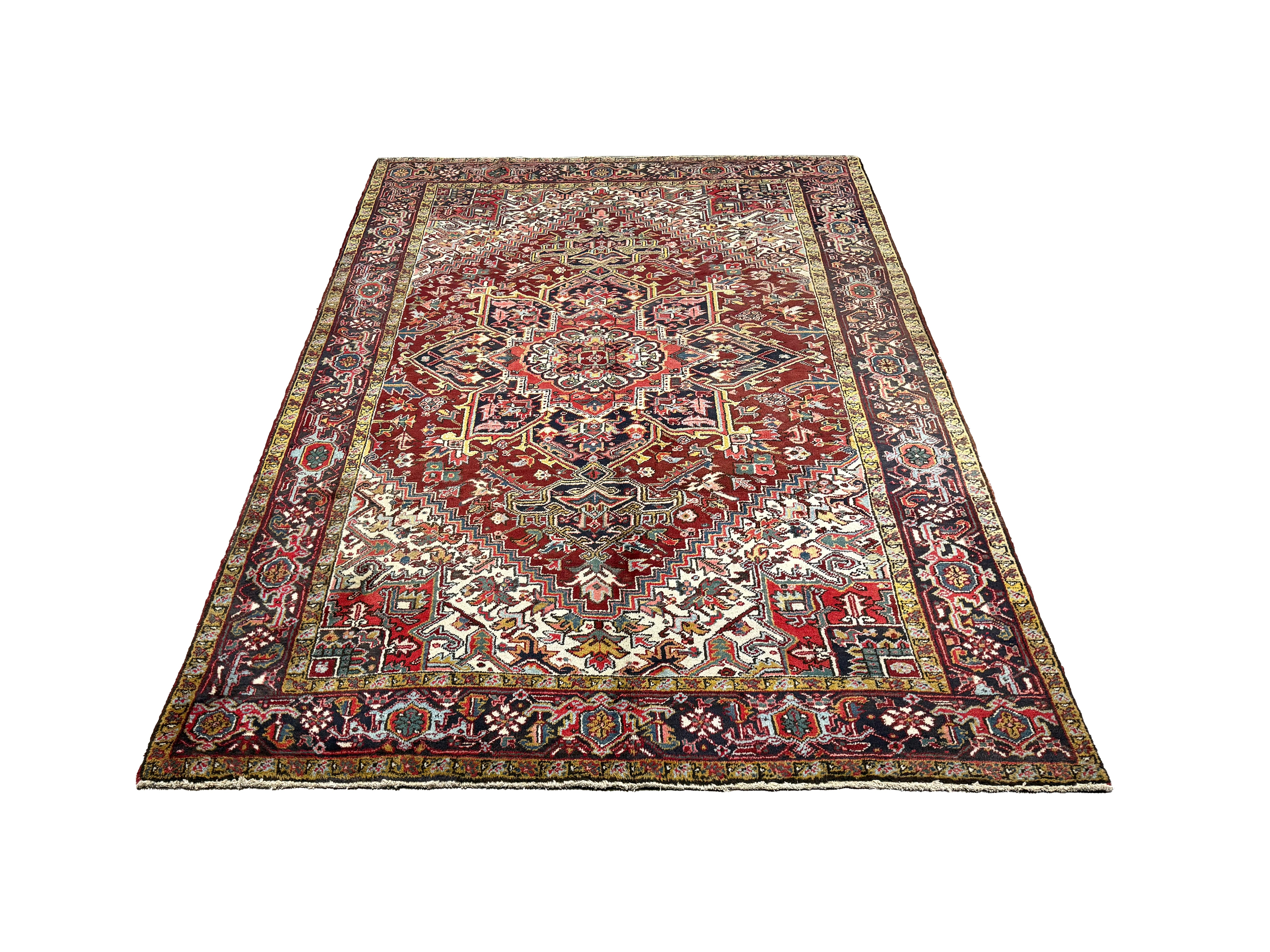 Vintage Bakhshayesh Rug, full rug in perspective showing the patterned field and borders, hand-knotted wool pile. SKU NH 142844.