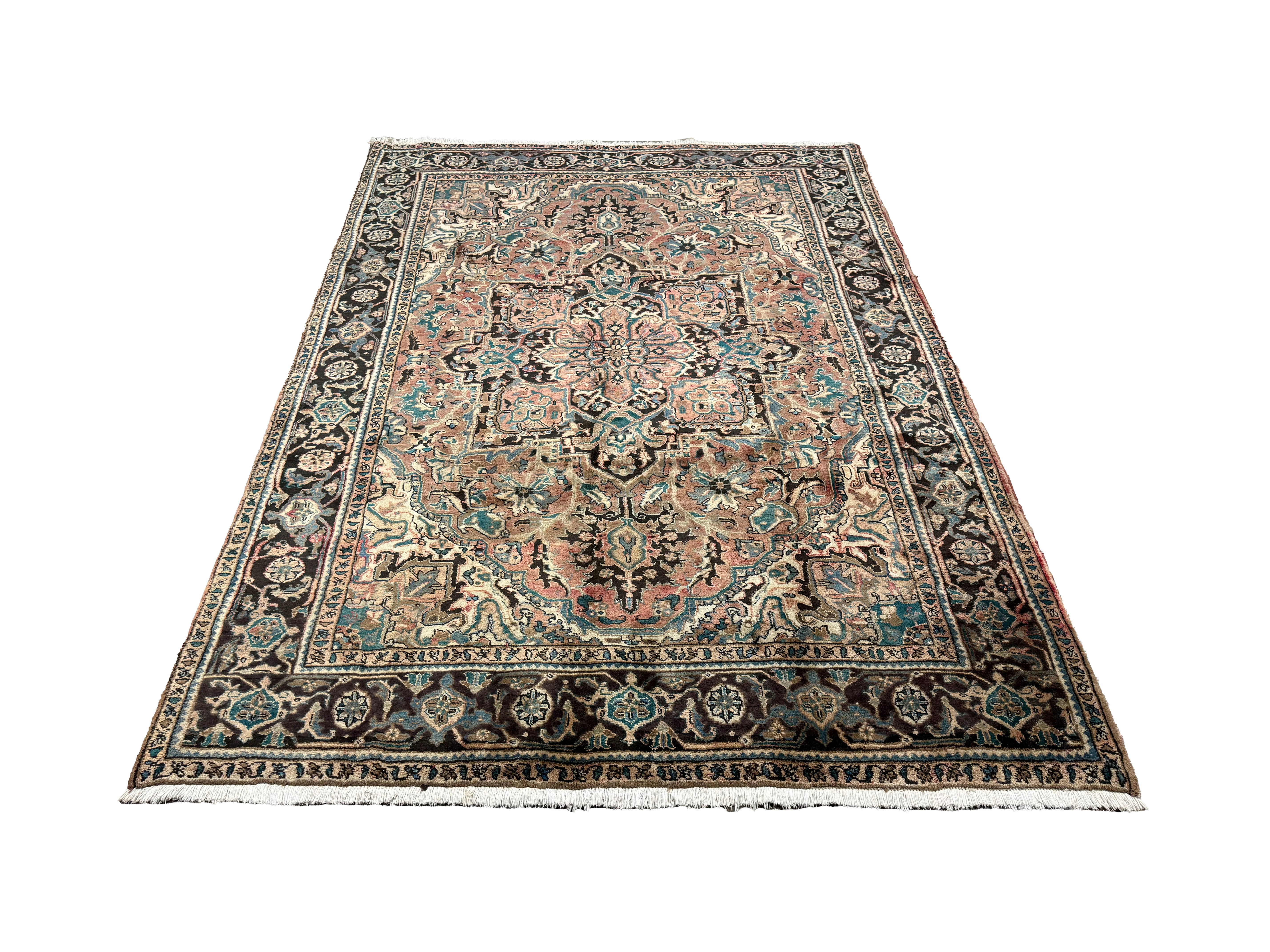 Vintage Sharabian Rug, full rug in perspective showing the patterned field and borders, hand-knotted wool pile. SKU NH144817.