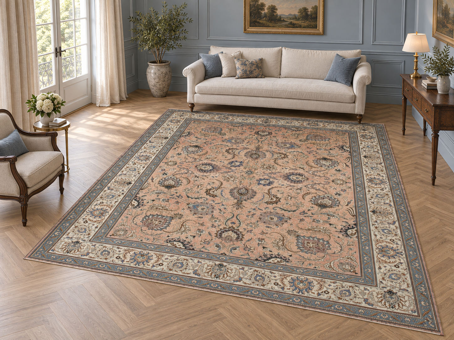 Peach floral Persian Tabriz rug in a blue-panelled classical salon; AI-generated room visualization for styling inspiration.