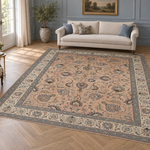 Peach floral Persian Tabriz rug in a blue-panelled classical salon; AI-generated room visualization for styling inspiration.