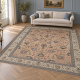 Peach floral Persian Tabriz rug in a blue-panelled classical salon; AI-generated room visualization for styling inspiration.