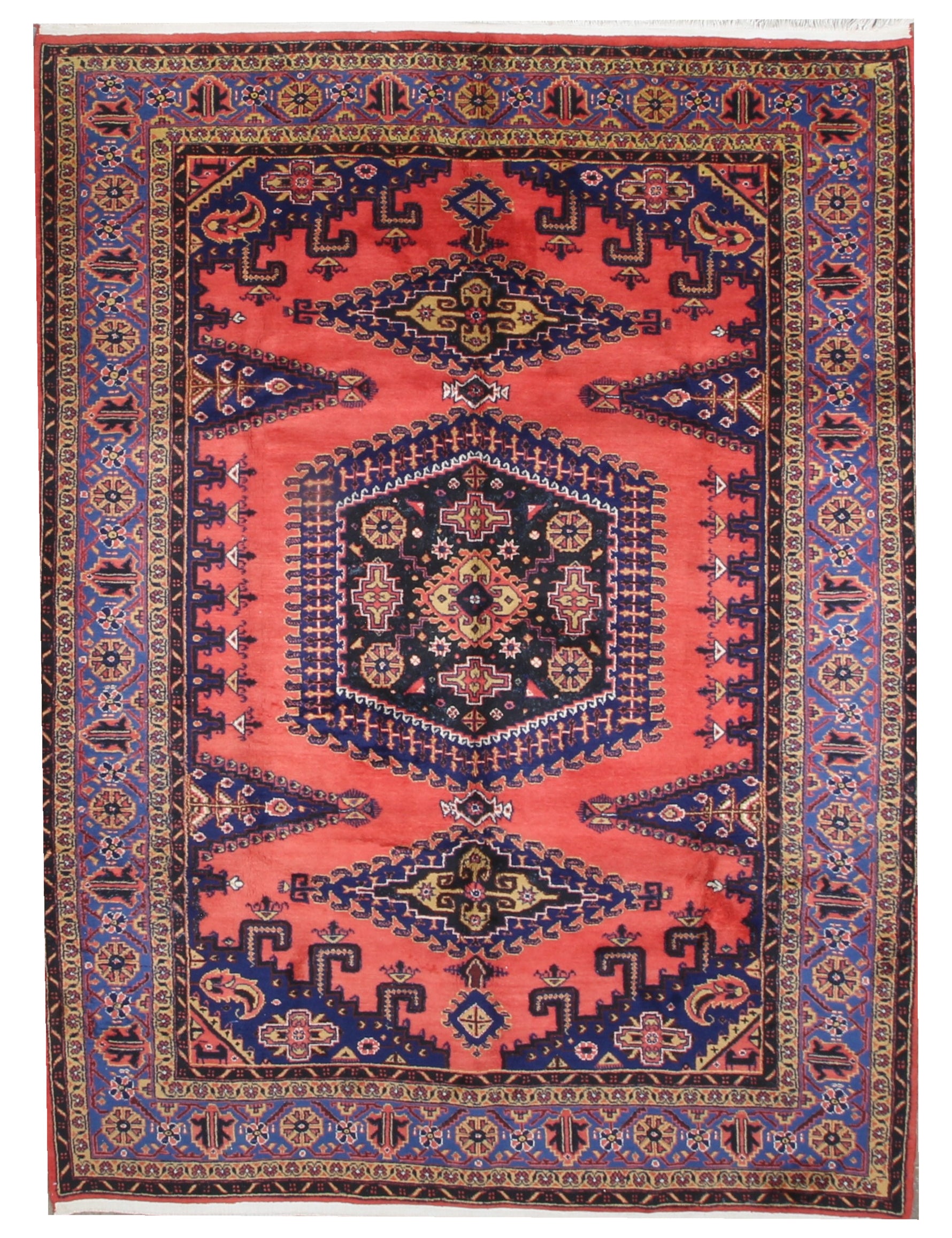 Persian Vise rug 7'2"x9'6", red medallion with blue geometric border