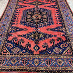 Persian Vise rug 7'2"x9'6", red field with dark navy ornaments and border