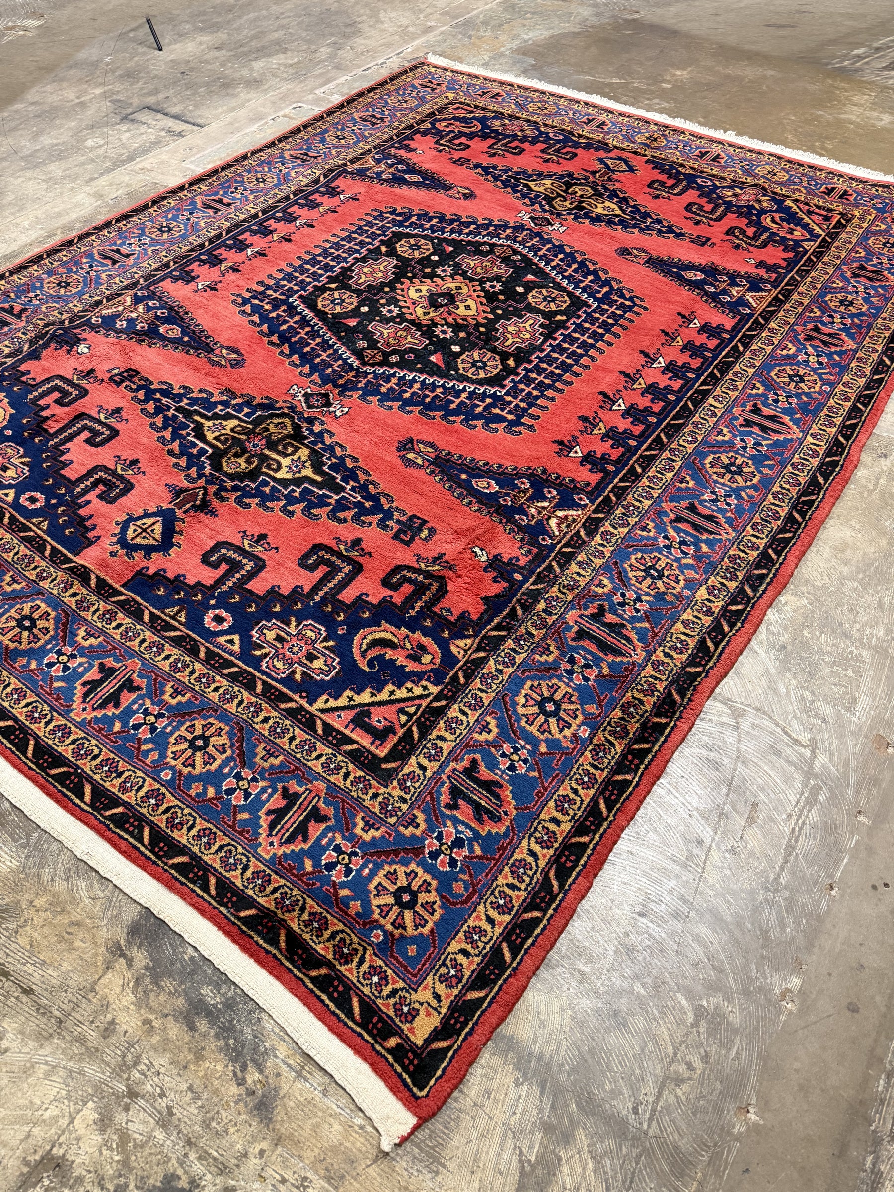 Persian Vise rug 7'2"x9'6", diagonal view of red pattern and navy edge border