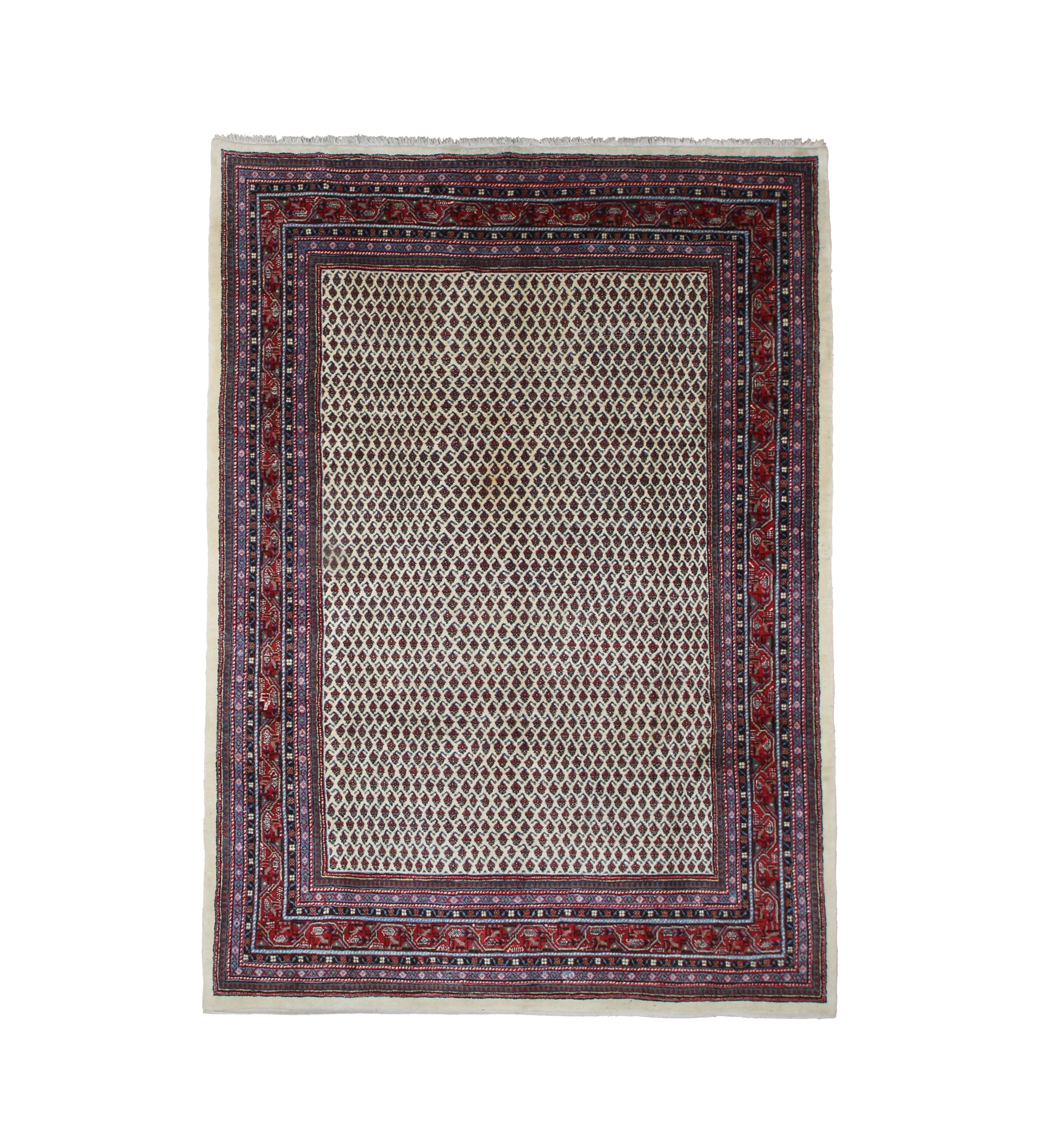 Vintage Arak Boteh Mir Rug, top view on white background, hand-knotted wool pile. SKU PP 100232.