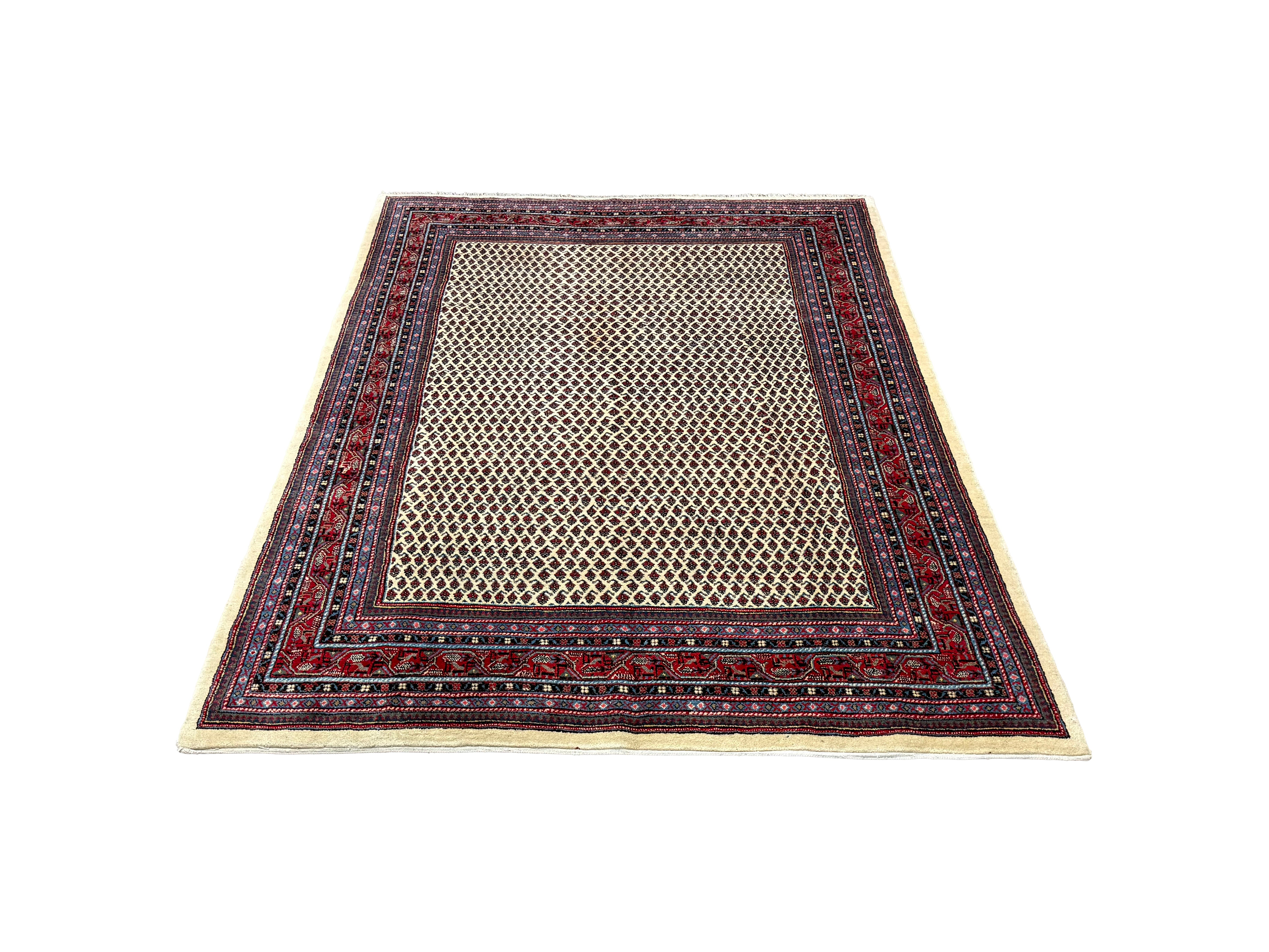 Vintage Arak Boteh Mir Rug, front perspective view of the complete rug, hand-knotted wool pile. SKU PP 100232.