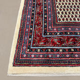 Vintage Arak Boteh Mir Rug, corner, border and fringe detail, hand-knotted wool pile. SKU PP 100232.