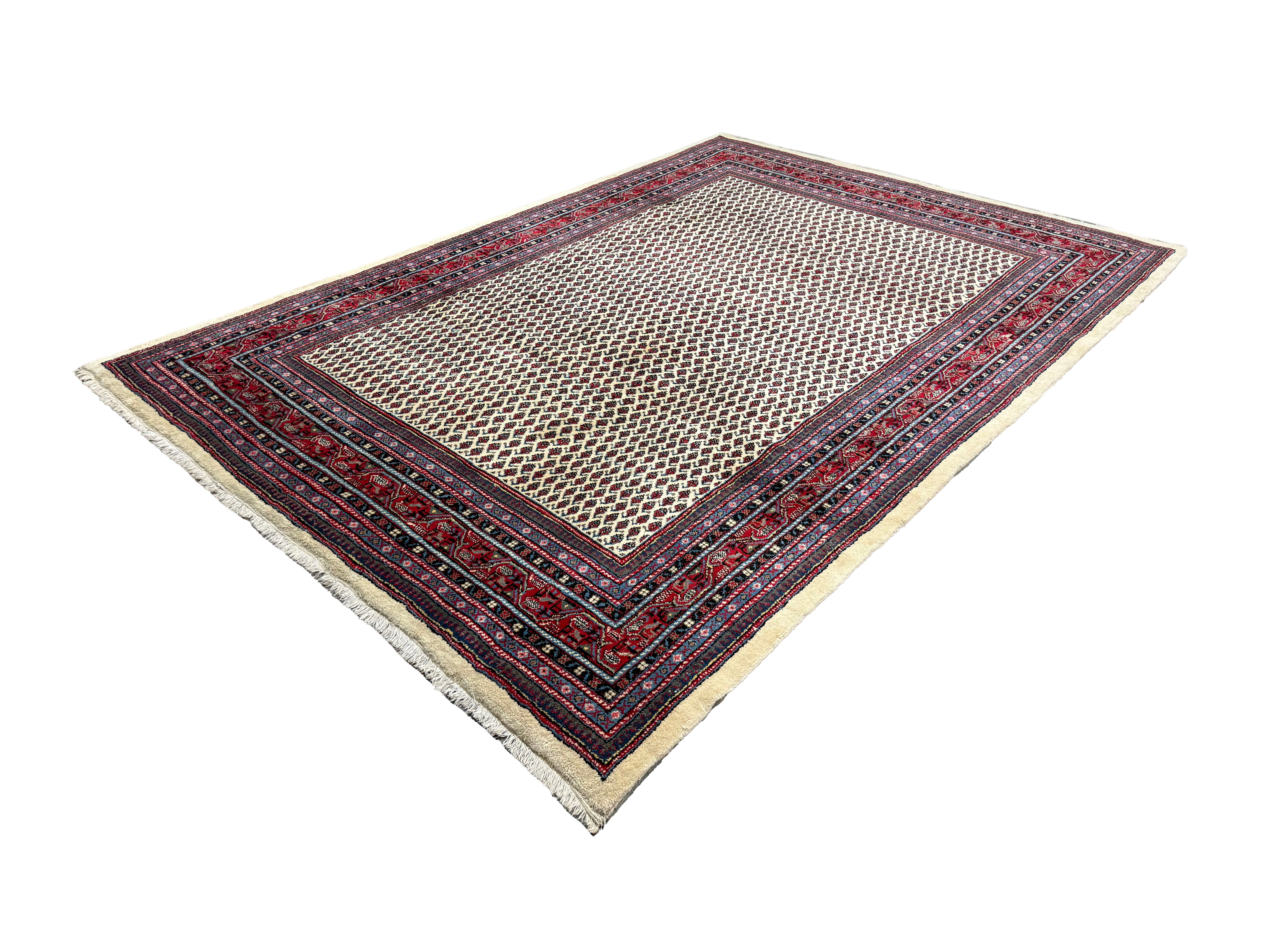 Vintage Arak Boteh Mir Rug, angled view showing the full field and borders, hand-knotted wool pile. SKU PP 100232.