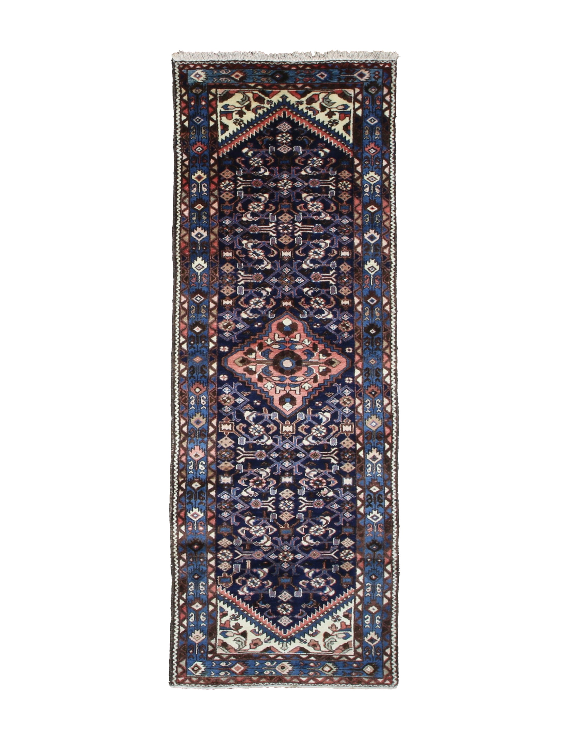 Vintage Hamadan Runner, top view on white background, hand-knotted wool pile. SKU PP 101392.