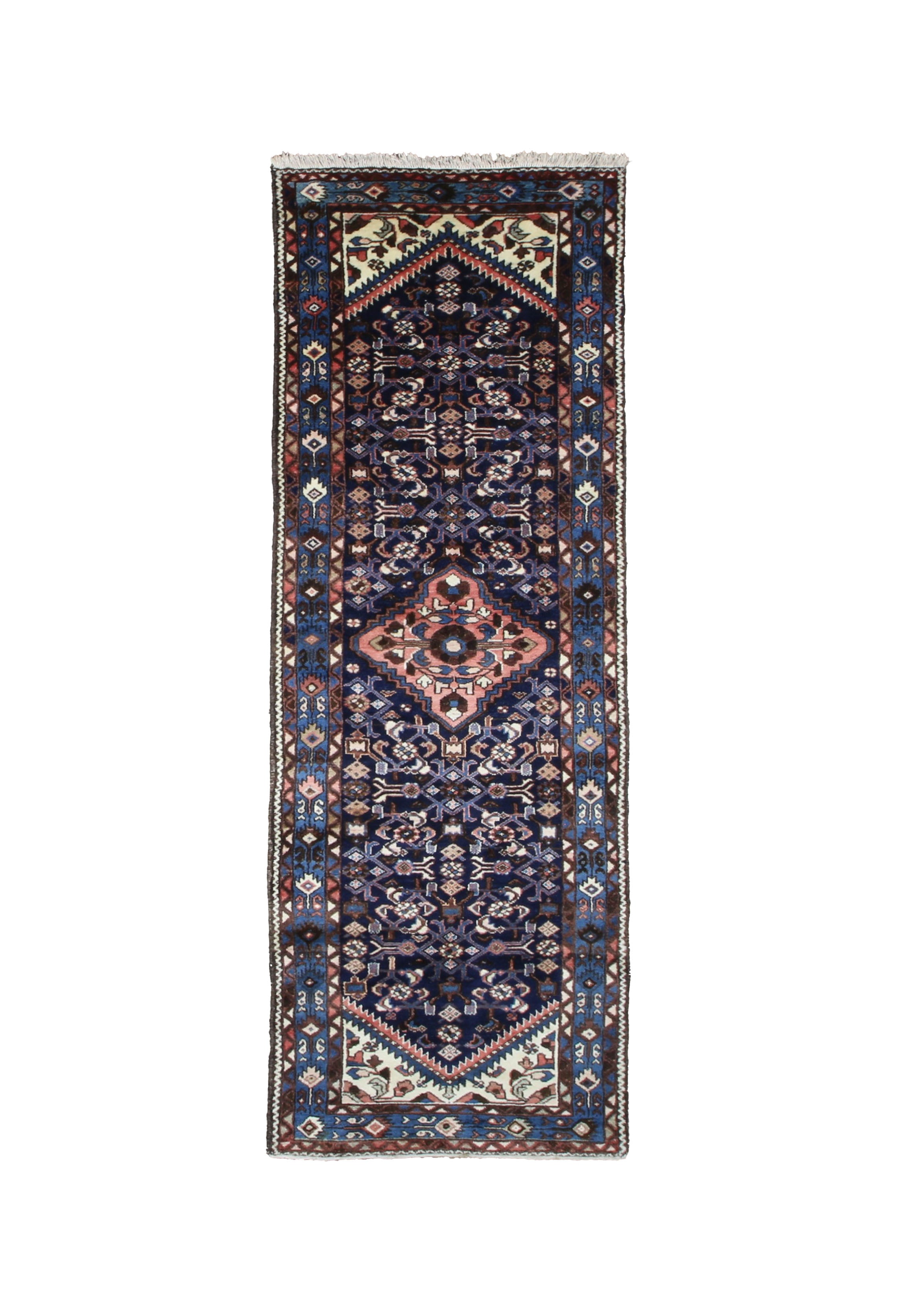 Vintage Hamadan Runner, top view on white background, hand-knotted wool pile. SKU PP 101392.