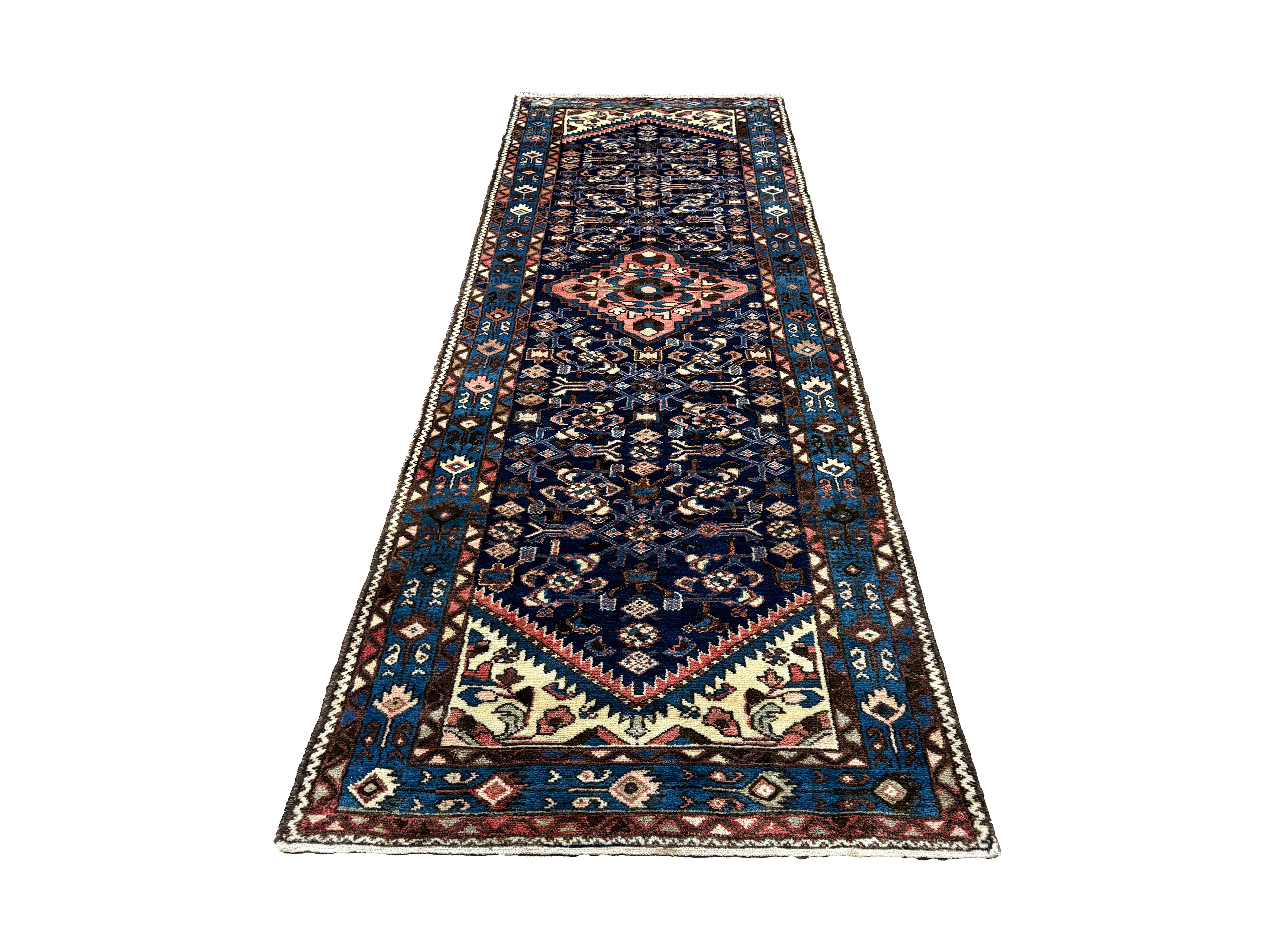 Vintage Hamadan Runner, front perspective view of the complete rug, hand-knotted wool pile. SKU PP 101392.