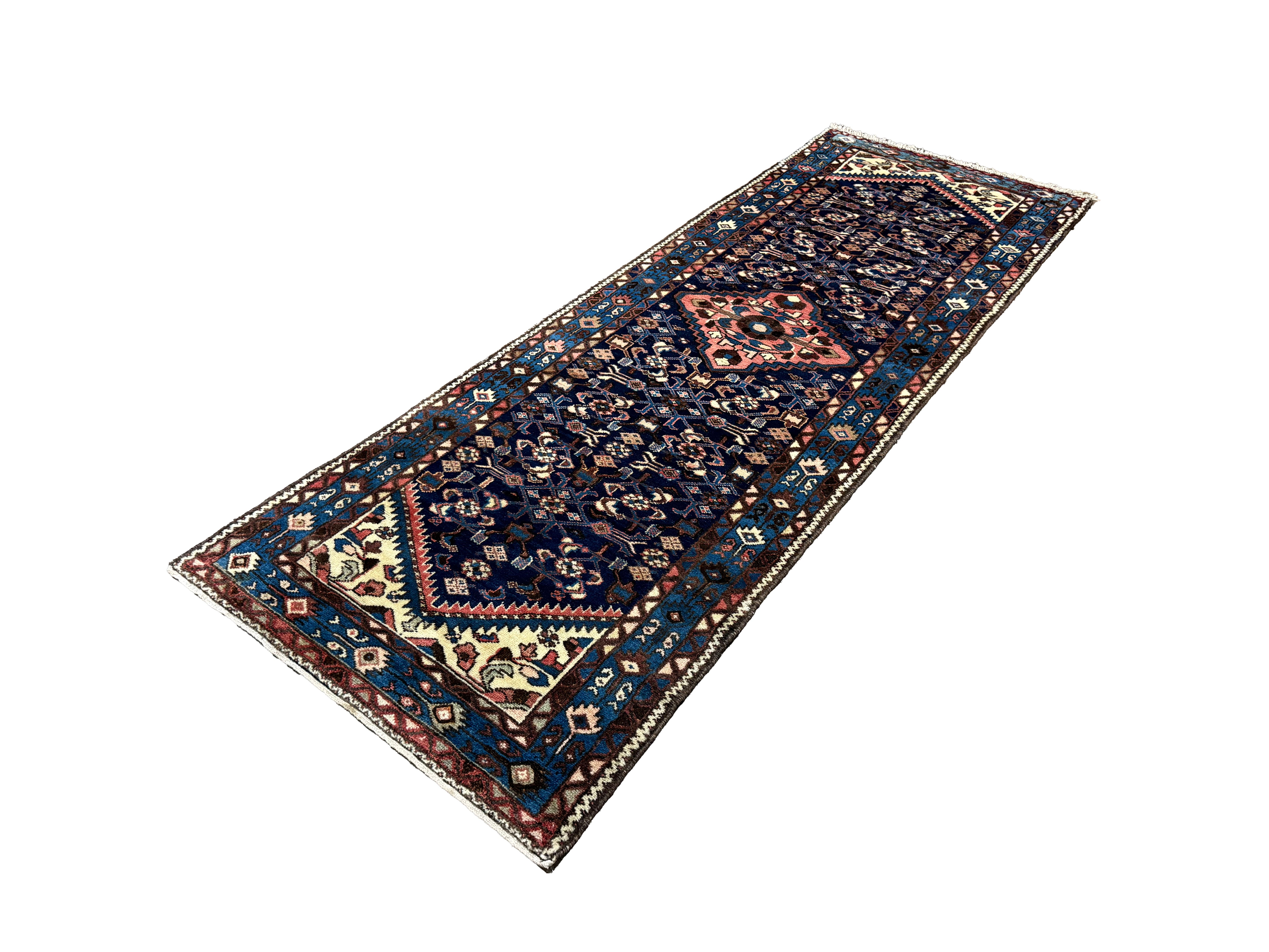 Vintage Hamadan Runner, diagonal perspective view of the complete rug, hand-knotted wool pile. SKU PP 101392.