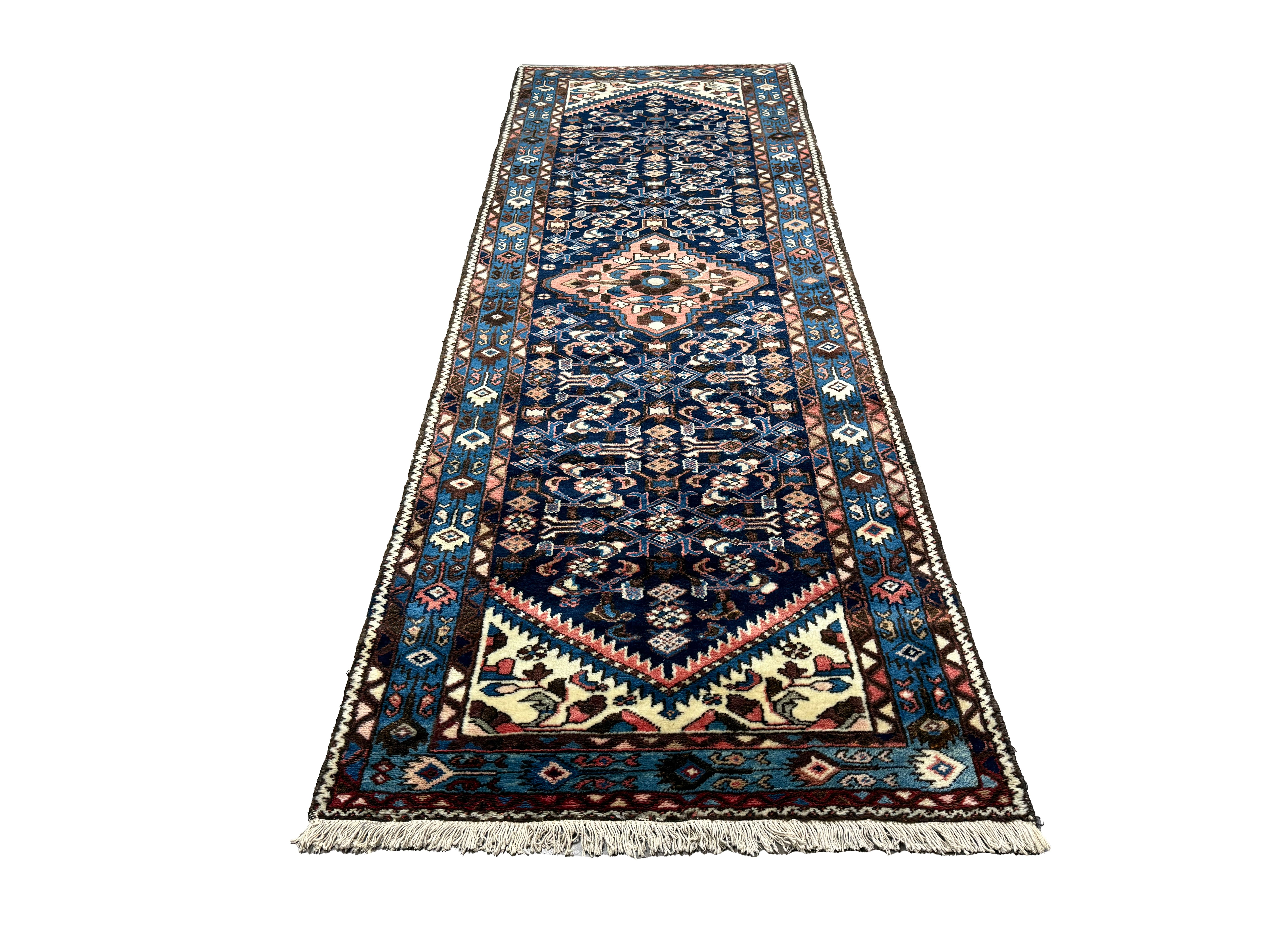 Vintage Hamadan Runner, full rug in perspective showing the patterned field and borders, hand-knotted wool pile. SKU PP 101392.