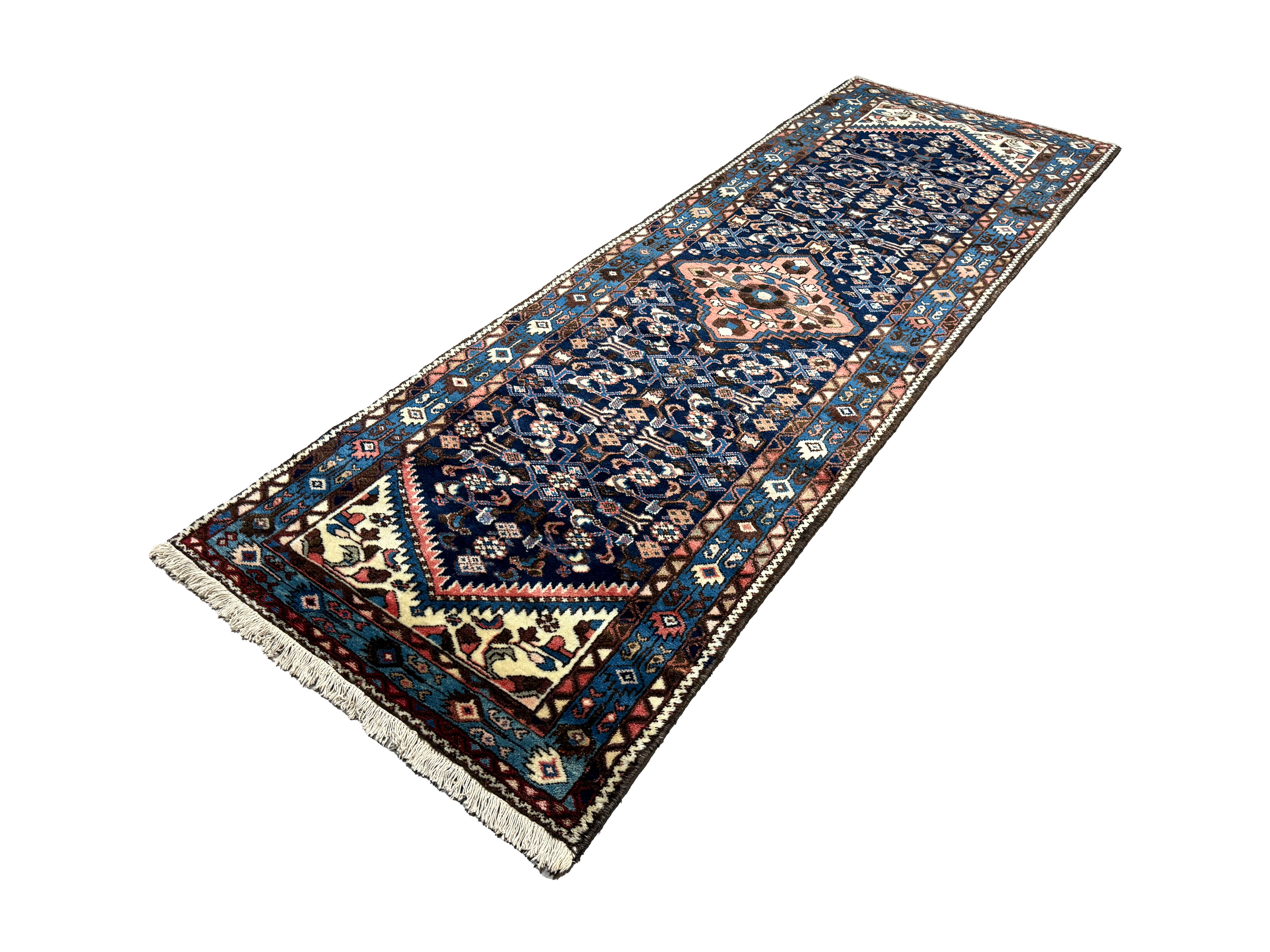 Vintage Hamadan Runner, angled view showing the full field and borders, hand-knotted wool pile. SKU PP 101392.