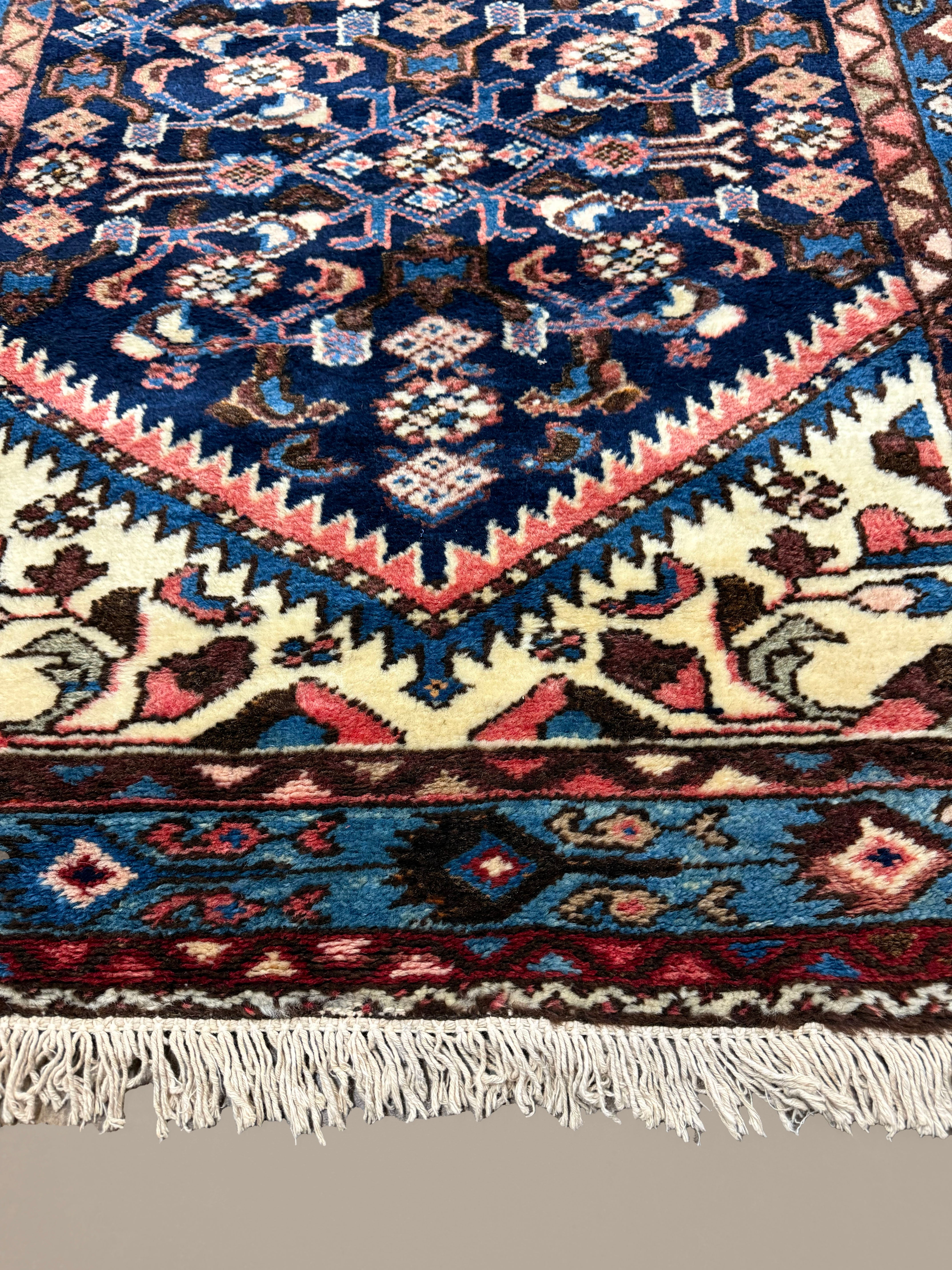 Vintage Hamadan Runner, close-up of the border and fringe, hand-knotted wool pile. SKU PP 101392.