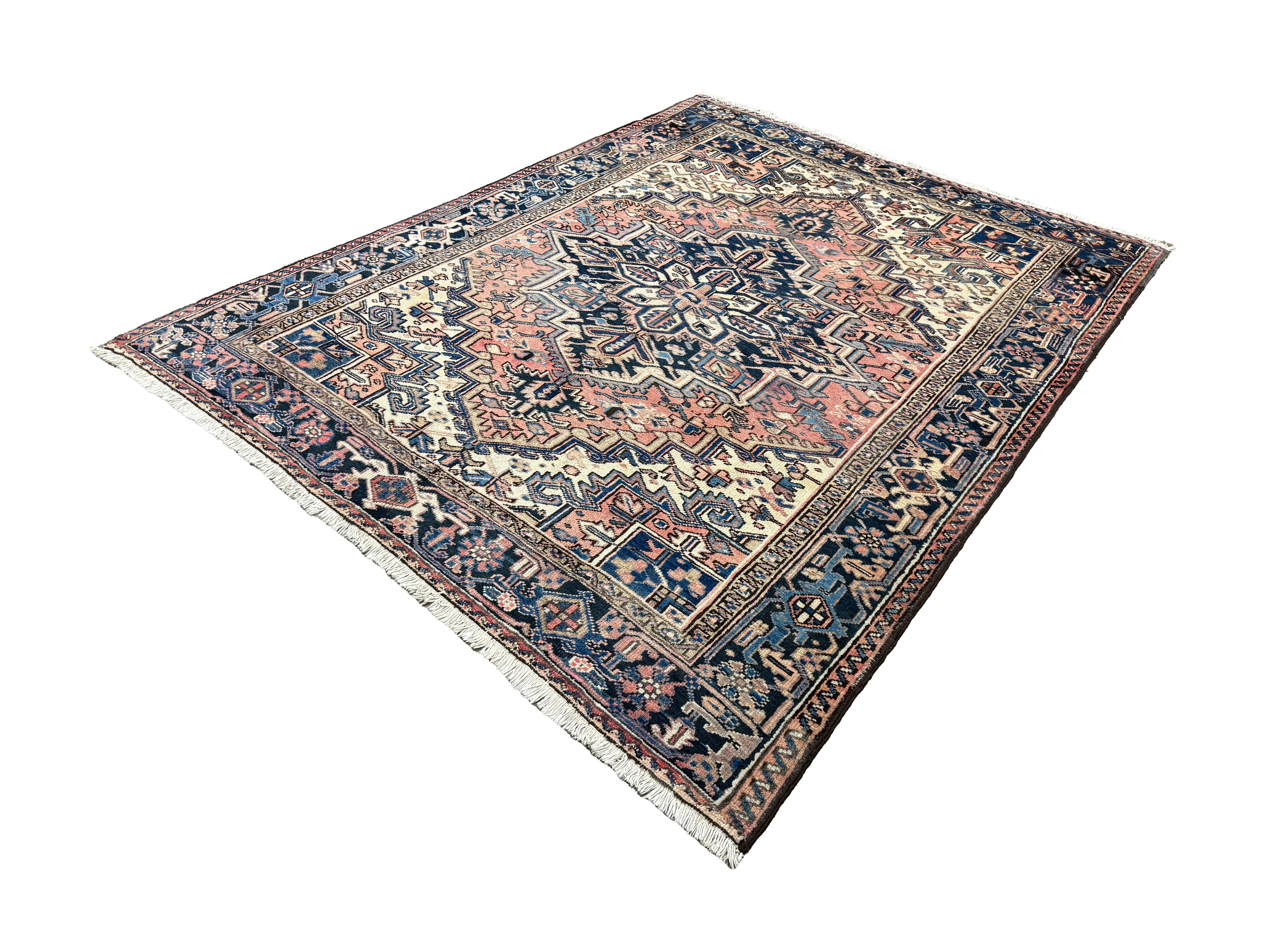 Vintage Mehravan Rug, diagonal perspective view of the complete rug, hand-knotted wool pile. SKU PP 107502.