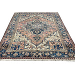 Vintage Mehravan Rug, full rug in perspective showing the patterned field and borders, hand-knotted wool pile. SKU PP 107502.