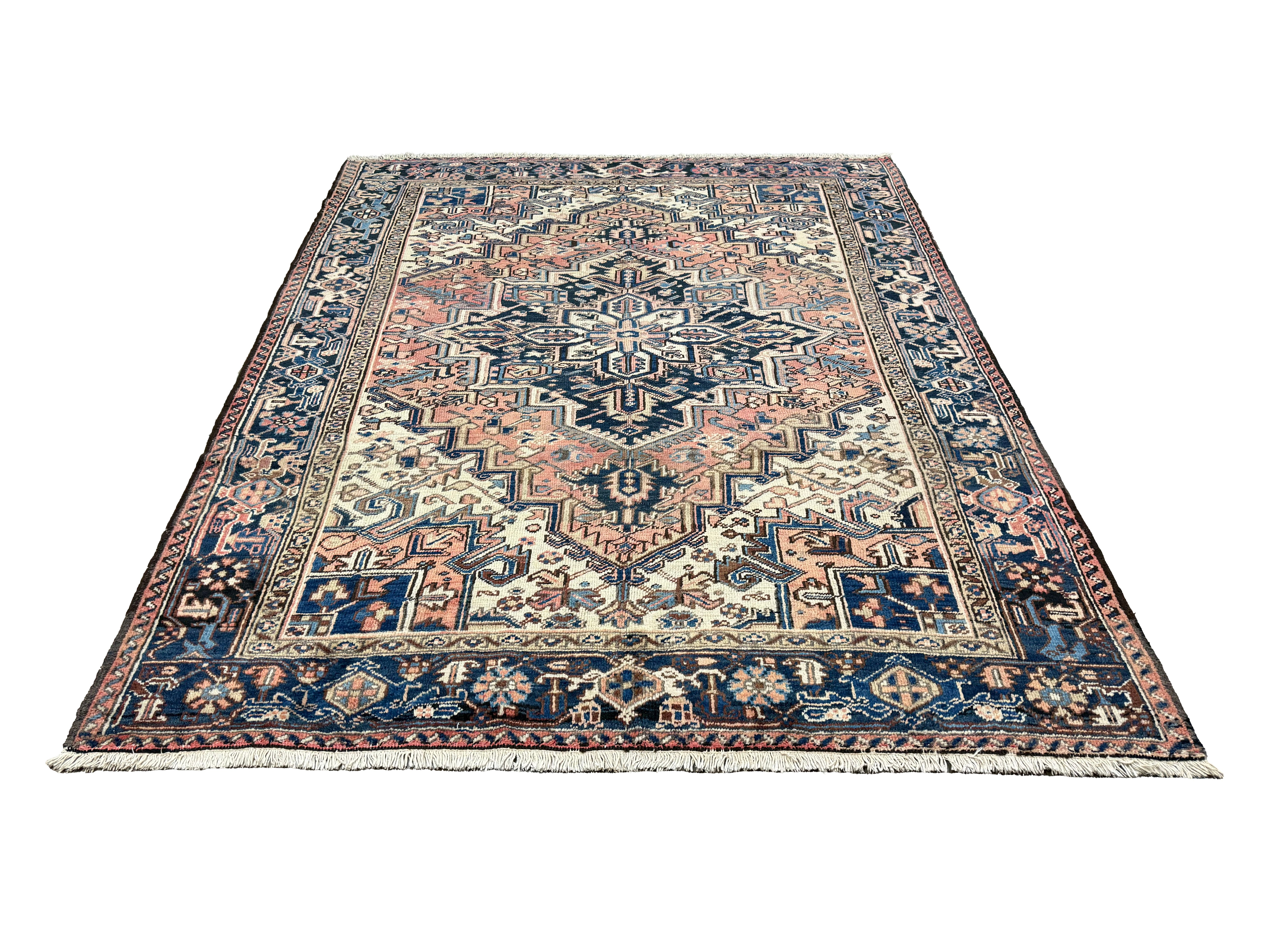Vintage Mehravan Rug, full rug in perspective showing the patterned field and borders, hand-knotted wool pile. SKU PP 107502.
