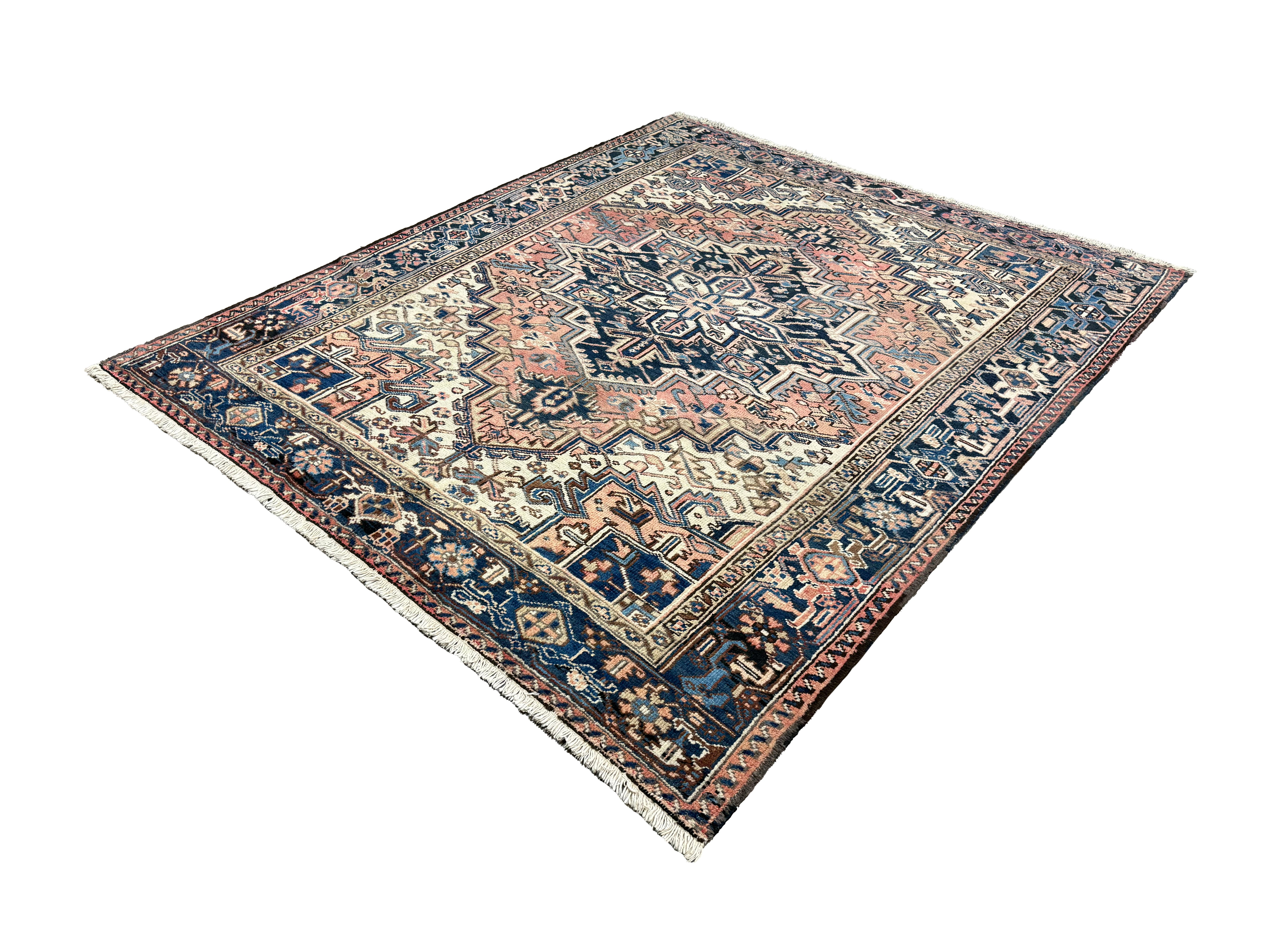 Vintage Mehravan Rug, angled view showing the full field and borders, hand-knotted wool pile. SKU PP 107502.