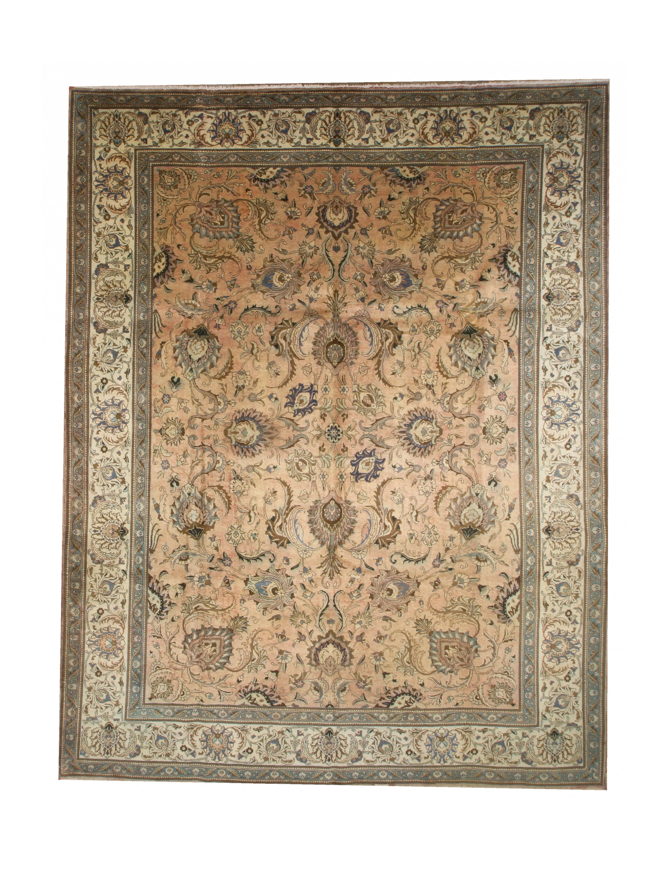 Tabriz hand-knotted wool rug, full top view.