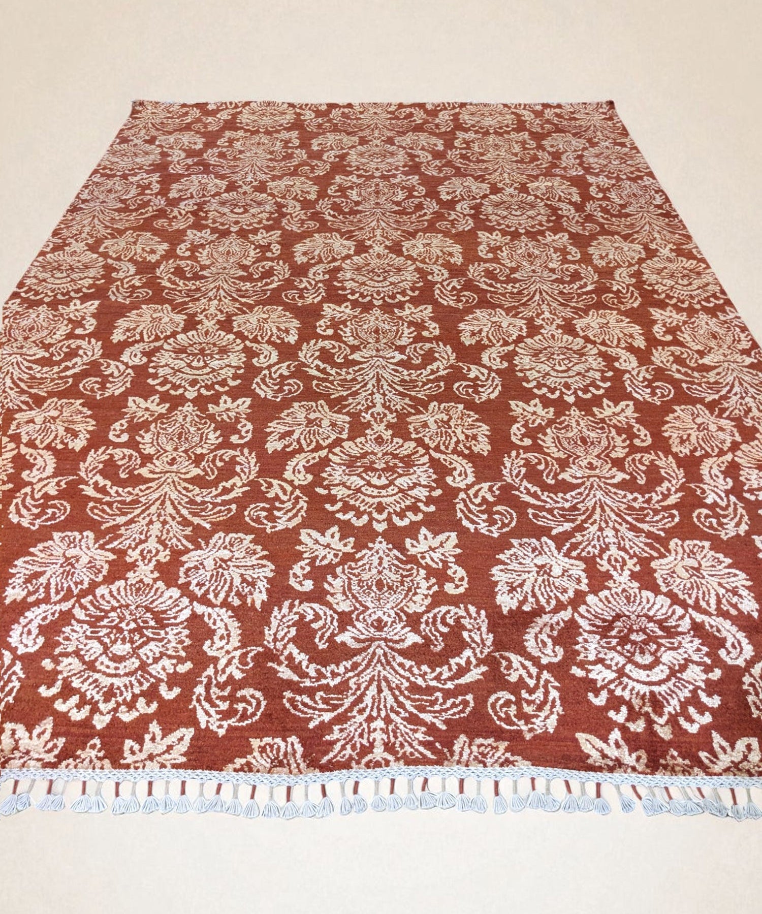 Ikat-Inspired Chobi Rug — Ivory Florals on Terracotta | 6'1" × 8'9"