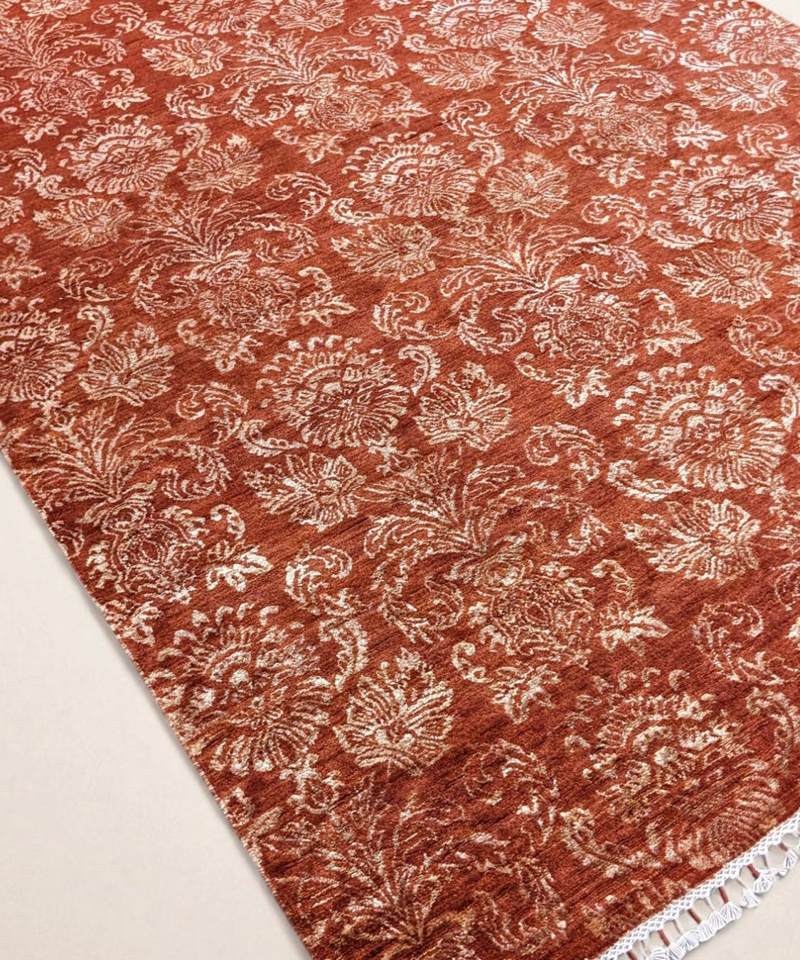 Ikat-Inspired Chobi Rug — Ivory Florals on Terracotta | 6'1" × 8'9"