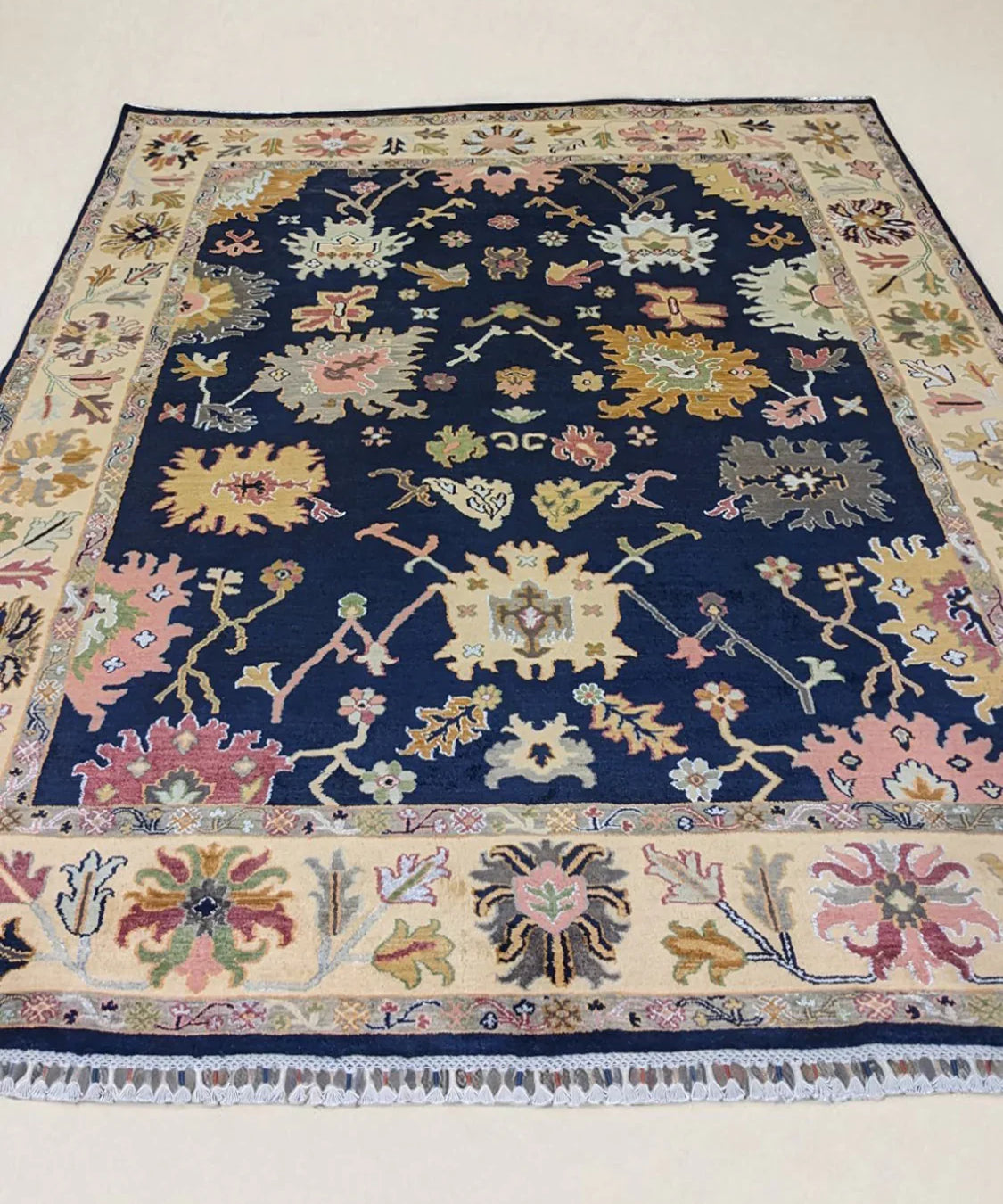Oushak-Inspired Chobi Rug — Pastel Florals on Midnight Blue | 8' × 10'6"