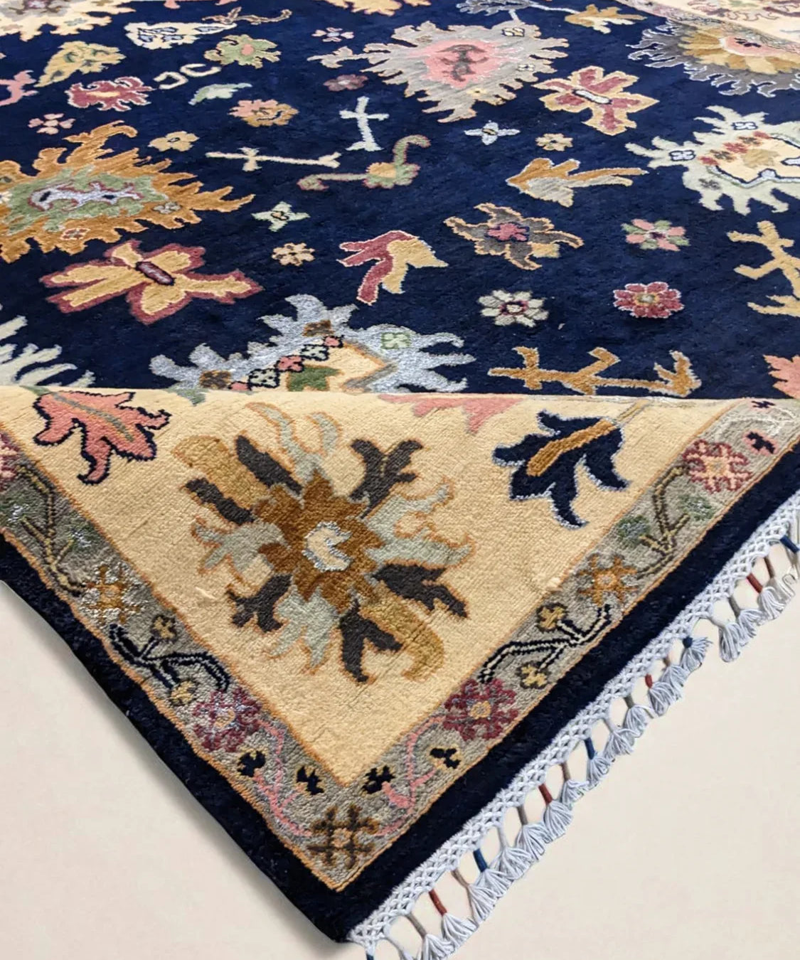Oushak-Inspired Chobi Rug — Pastel Florals on Midnight Blue | 8' × 10'6"