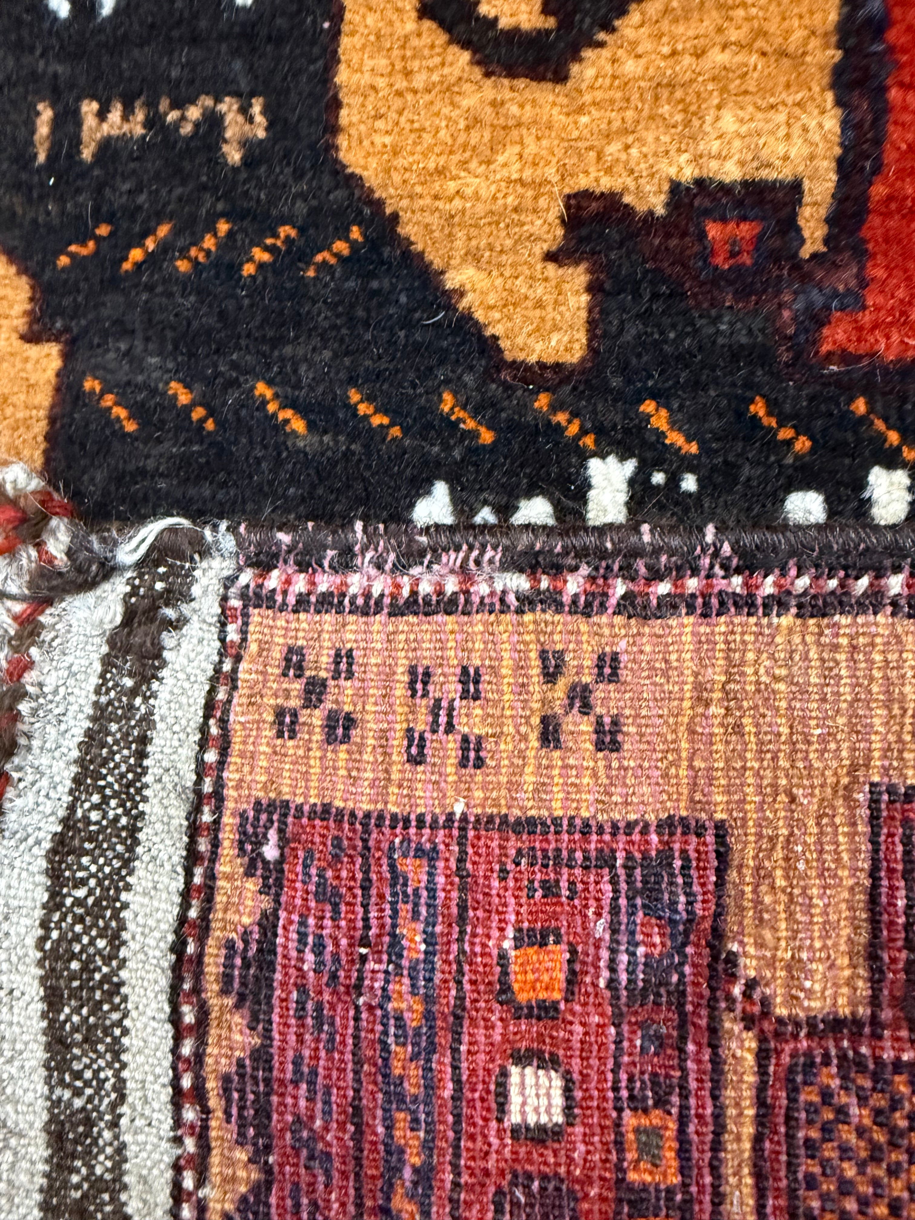 Afghan War Rug — Pictorial Motifs & Lettering with a Golden-Brown Border. Original rug photograph; SKU RR30294; source RR 30294 IMG_6790.