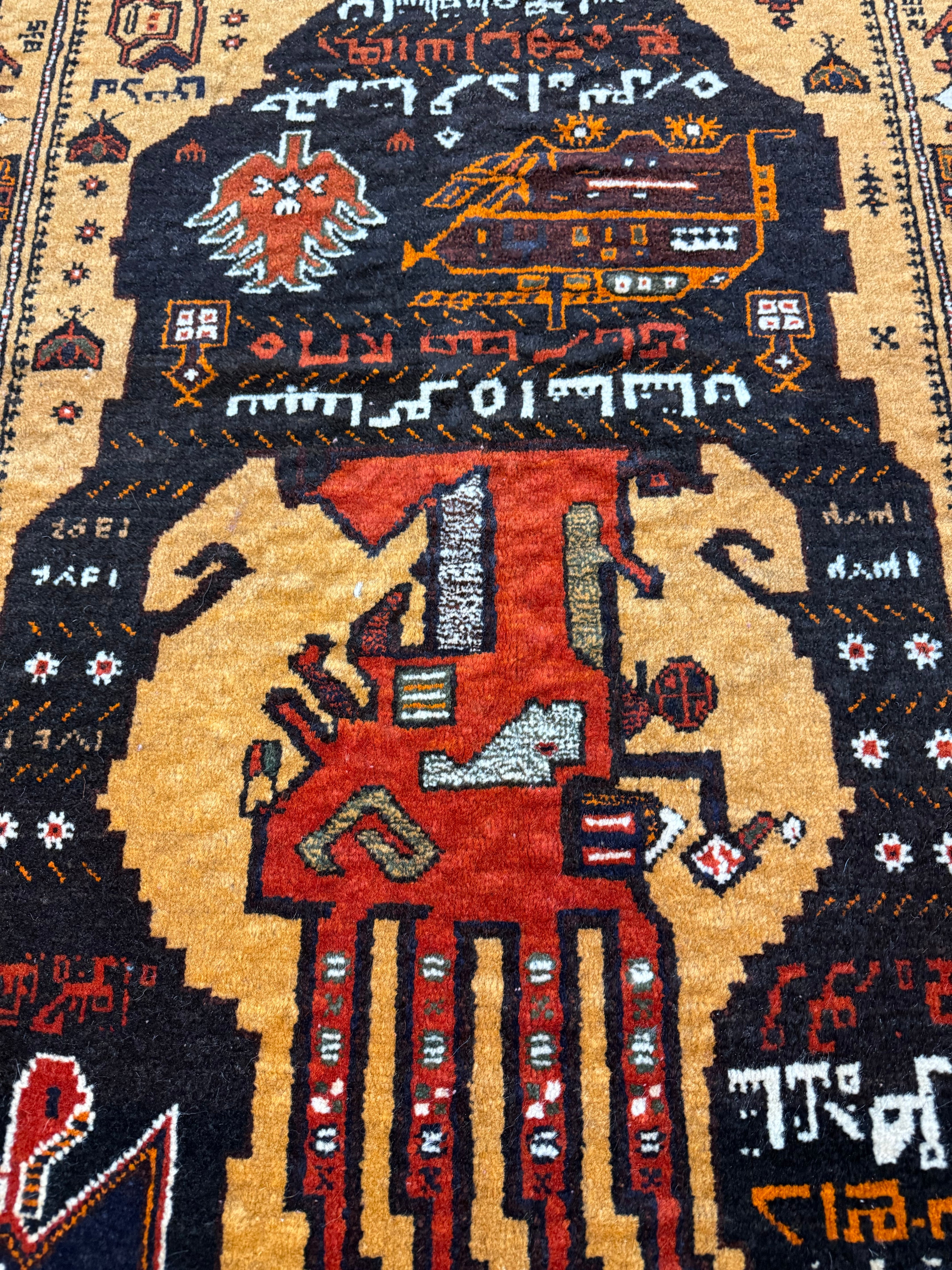 Afghan War Rug — Pictorial Motifs & Lettering with a Golden-Brown Border. Original rug photograph; SKU RR30294; source RR 30294 IMG_6801.