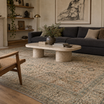 Quiet modernist art salon; AI-generated styling visualization. Pattern details and scale may vary; refer to original product photos and listed dimensions.