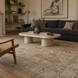Quiet modernist art salon; AI-generated styling visualization. Pattern details and scale may vary; refer to original product photos and listed dimensions.