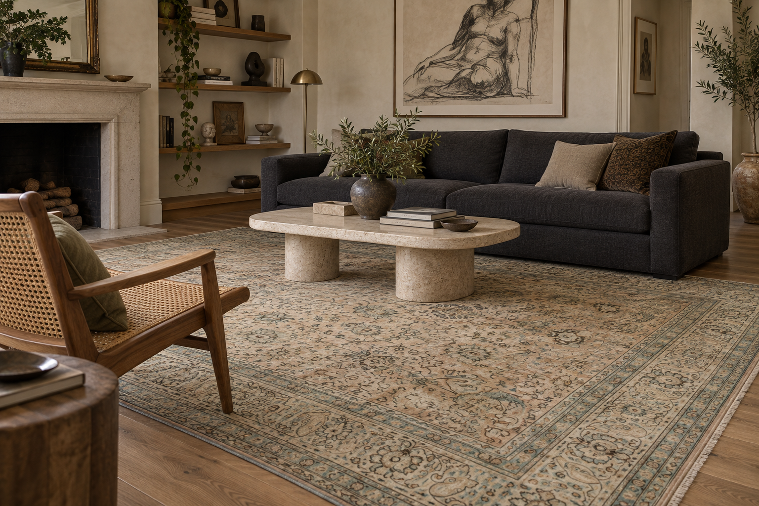 Quiet modernist art salon; AI-generated styling visualization. Pattern details and scale may vary; refer to original product photos and listed dimensions.