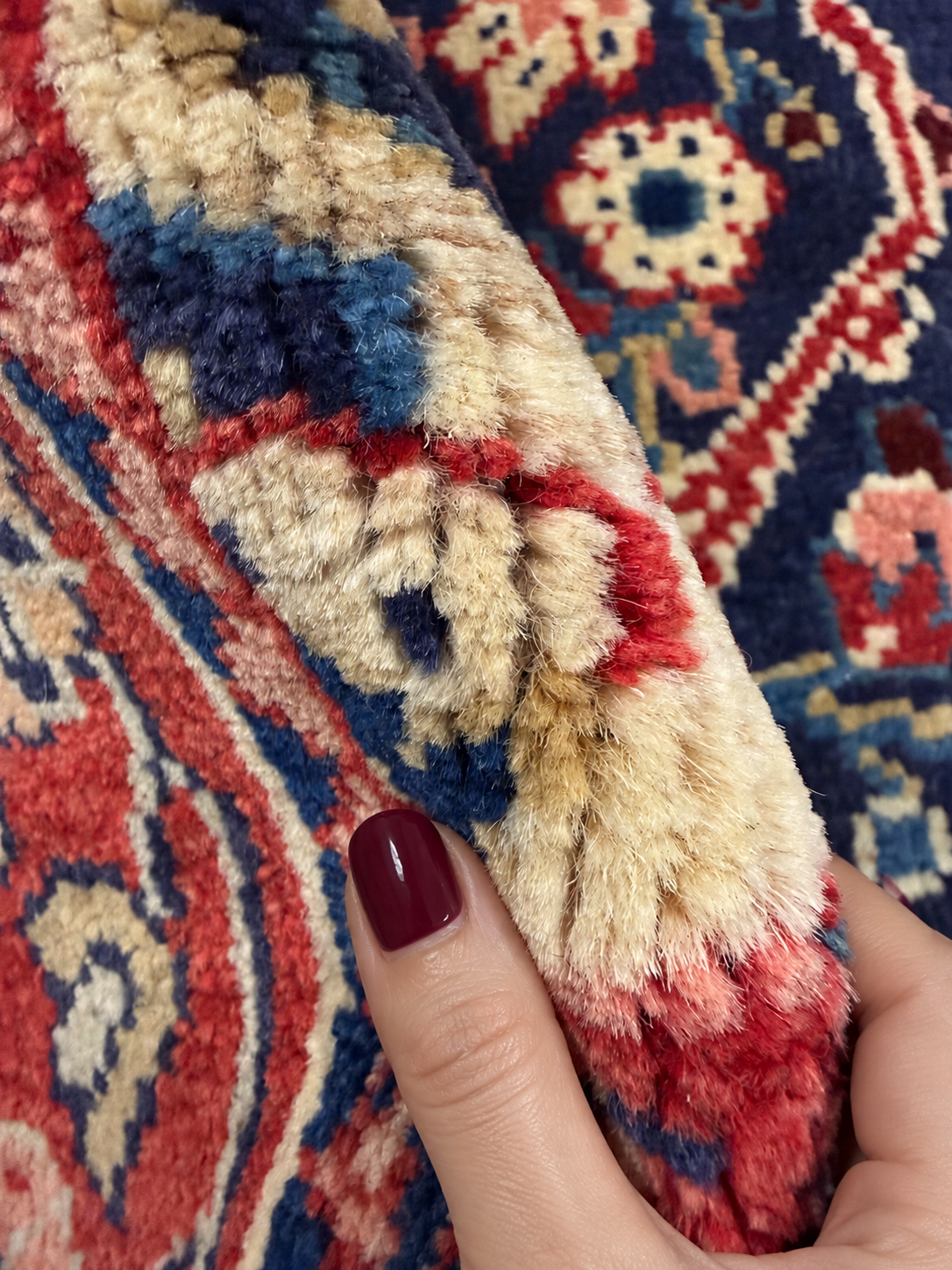 Vintage Arak Runner — Dense Allover Florals on Dark Blue. Rug pile and texture detail; SKU RR 30663; source IMG_7649.
