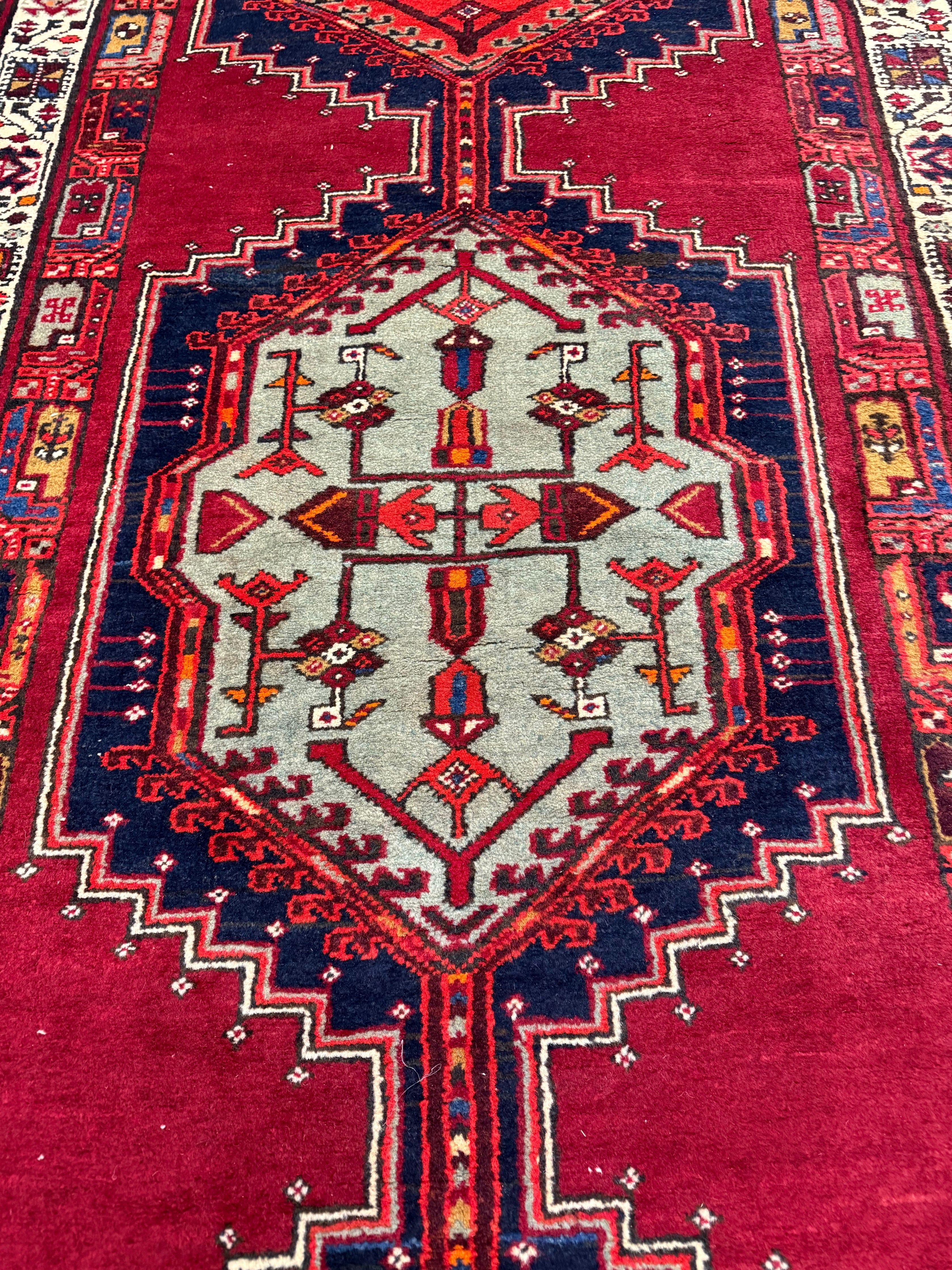 Vintage Sarab Runner — Three Geometric Medallions on Red. Original rug photograph; SKU RR30685; source IMG_6846.