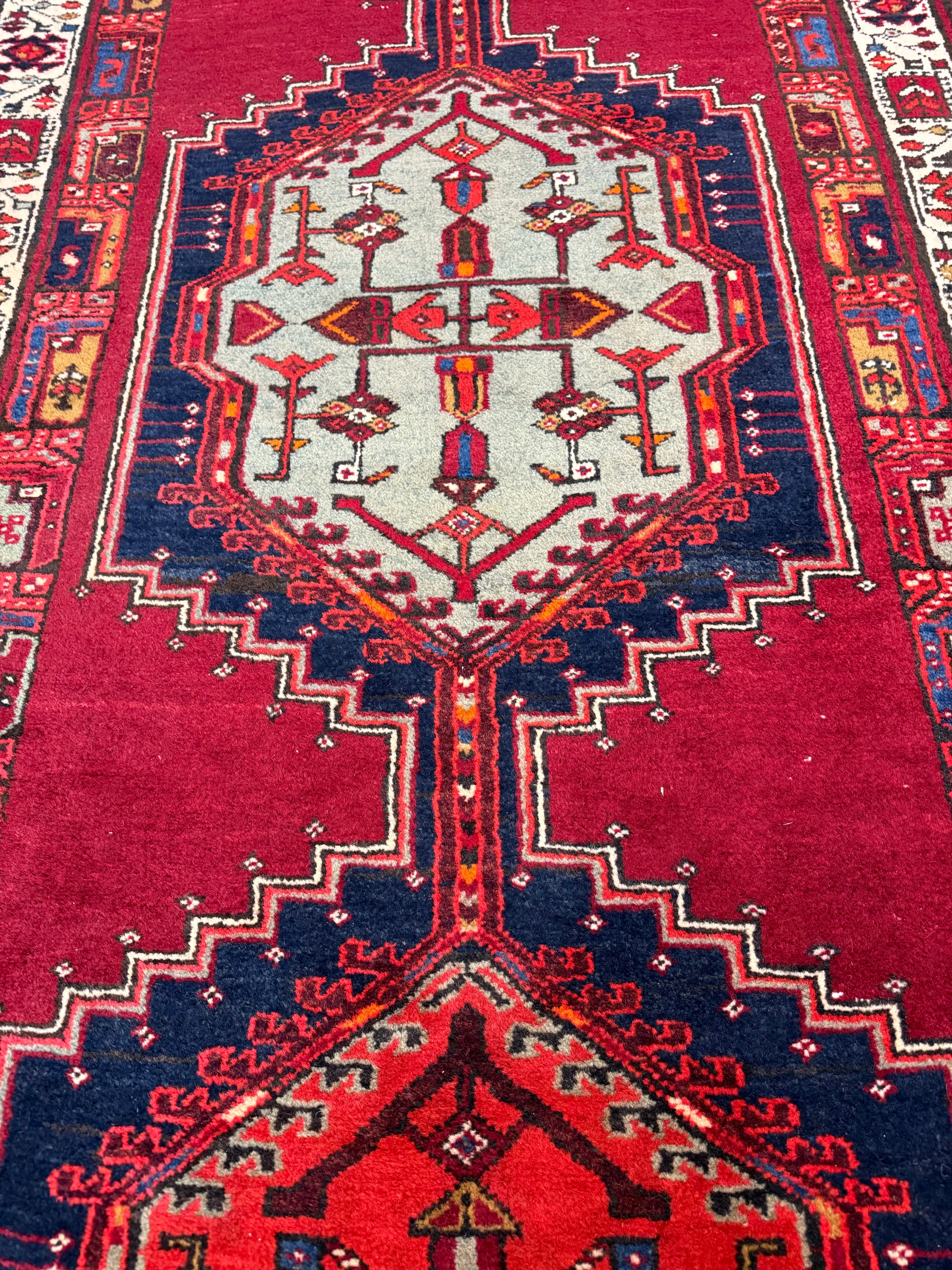 Vintage Sarab Runner — Three Geometric Medallions on Red. Original rug photograph; SKU RR30685; source IMG_6856.