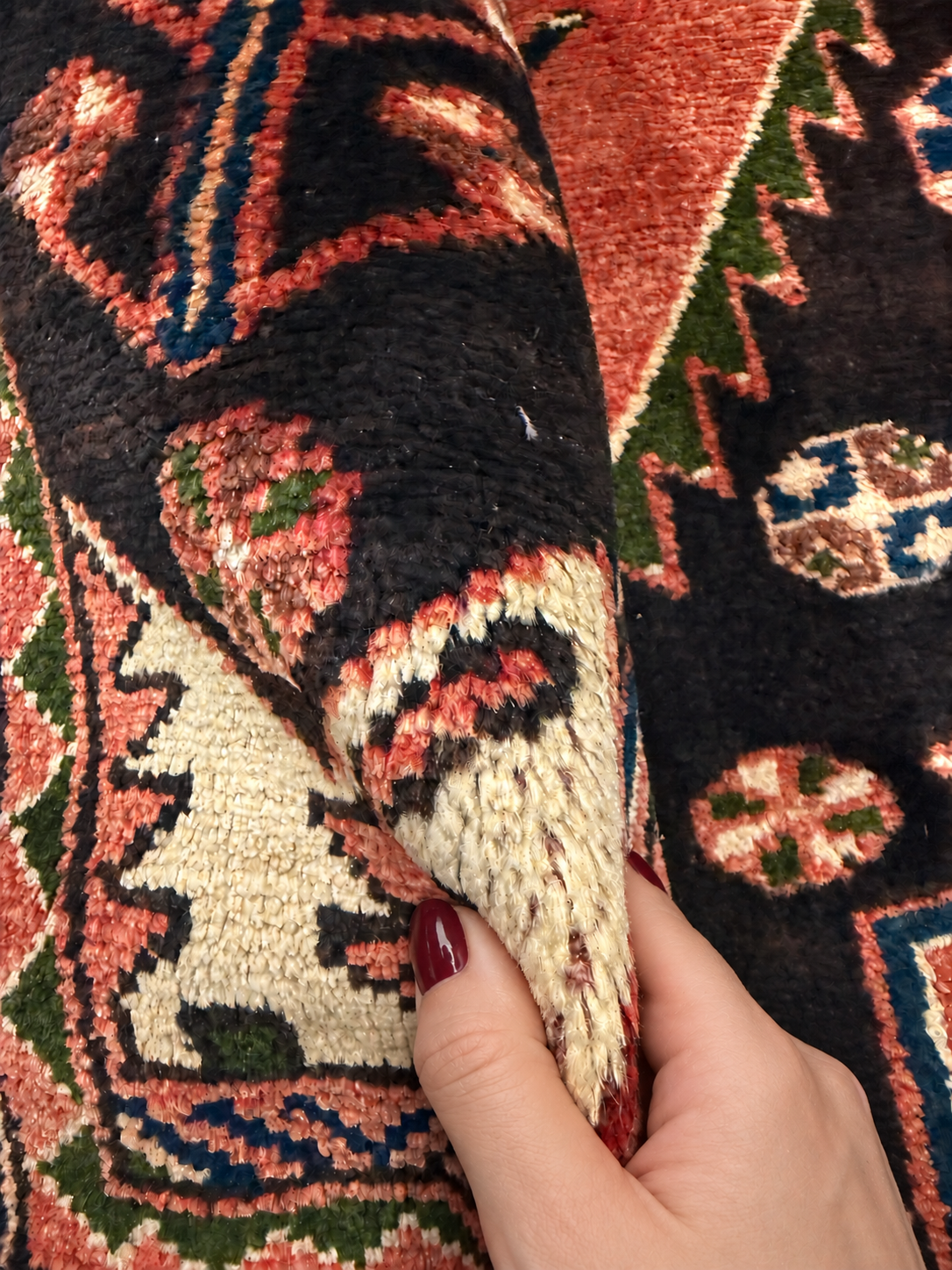Vintage Saveh Runner — Light Florals Along a Dark Medallion, Framed in Red. Rug pile and texture detail; SKU RR 32282; source IMG_6936.
