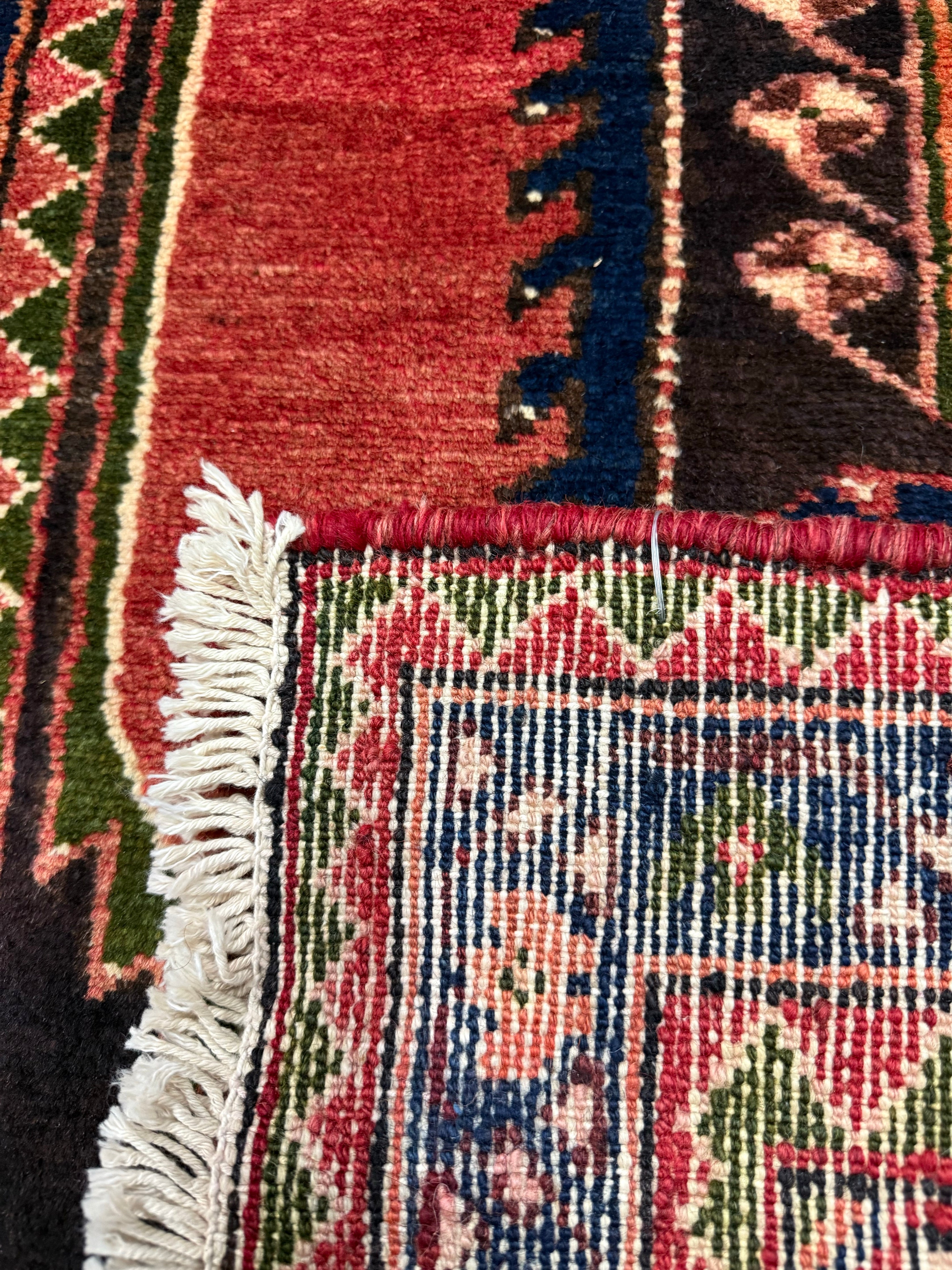 Vintage Saveh Runner — Light Florals Along a Dark Medallion, Framed in Red. Original rug photograph; SKU RR32282; source RR 32282 IMG_6933.